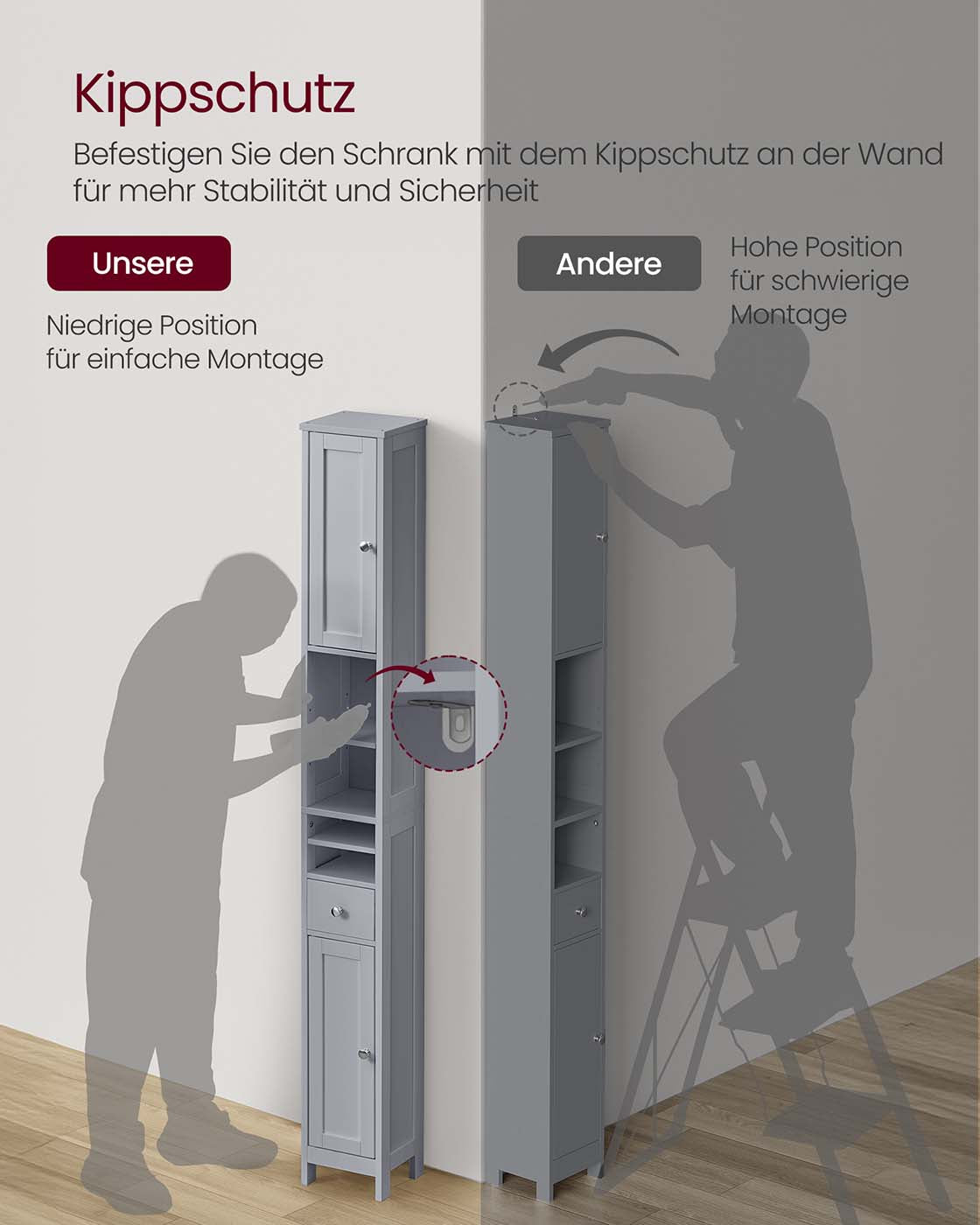 Badschrank mit verstellbaren Ablagen und offenen