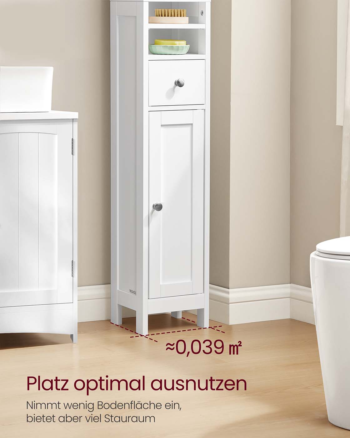 Badschrank mit verstellbaren Ablagen und offenen