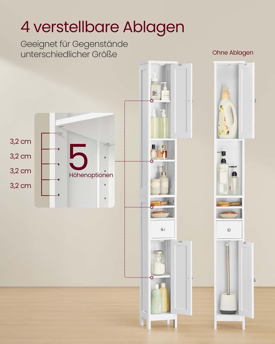 Badschrank mit verstellbaren Ablagen und offenen