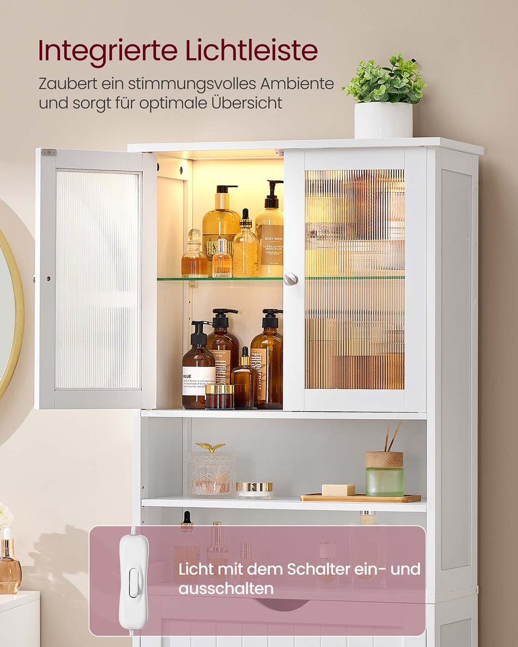 Badschrank mit Ablagen Schublade und offenen Fächern