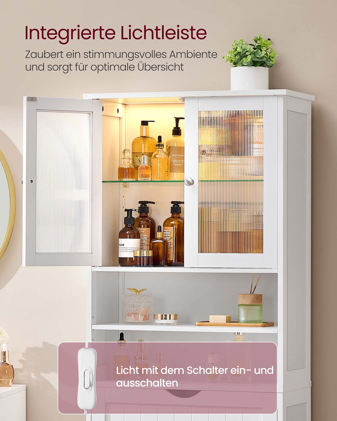 Badschrank mit Ablagen Schublade und offenen Fächern