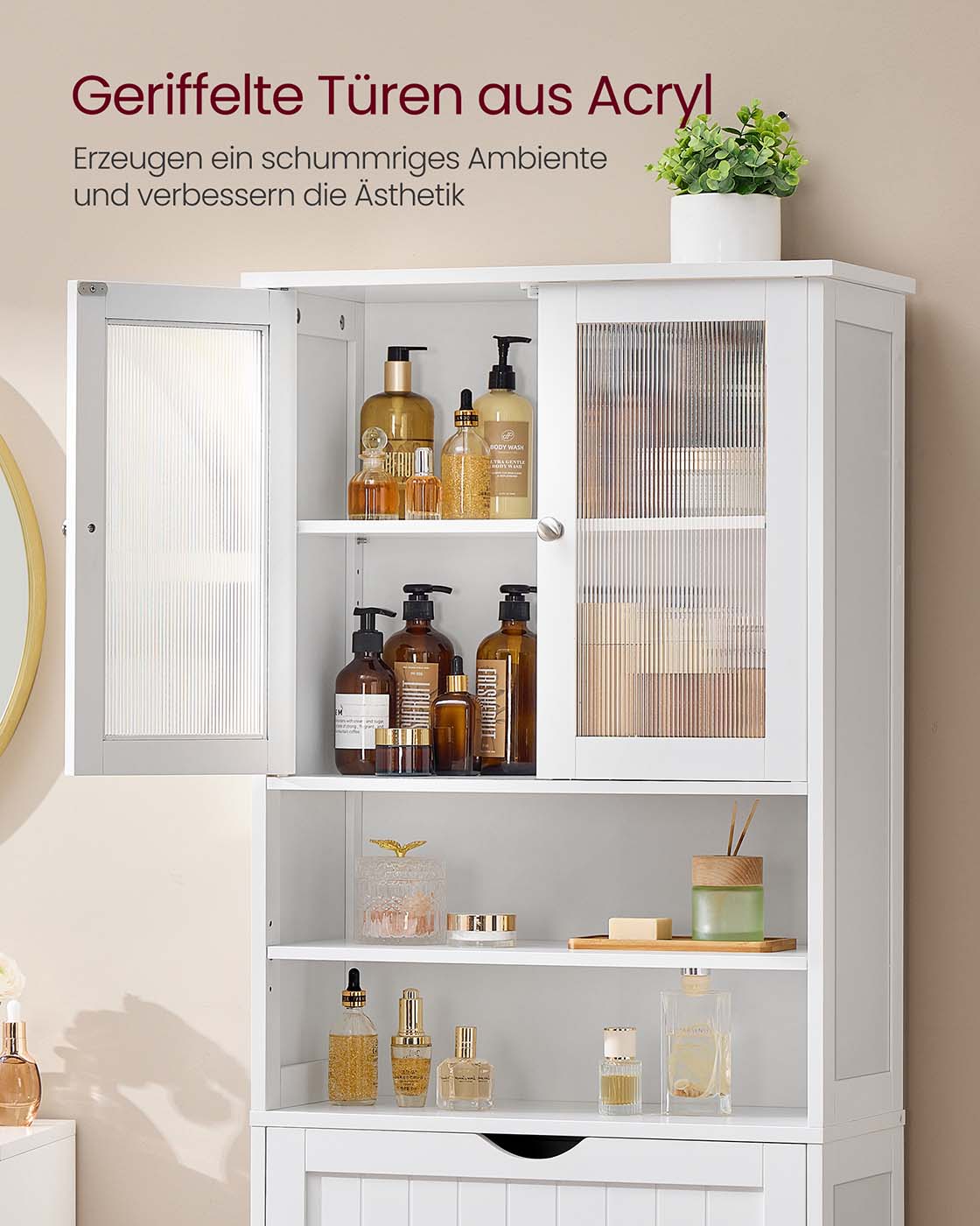 Badschrank mit Ablagen Schublade und offenen Fächern