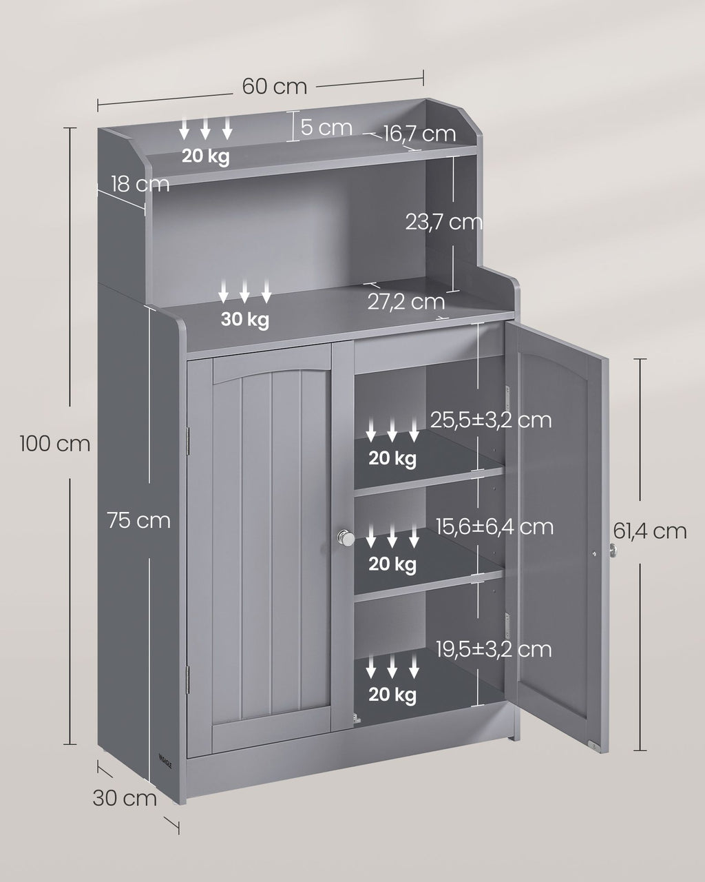 Badezimmerschrank mit 2 Türen und Eingeböden taubengrau