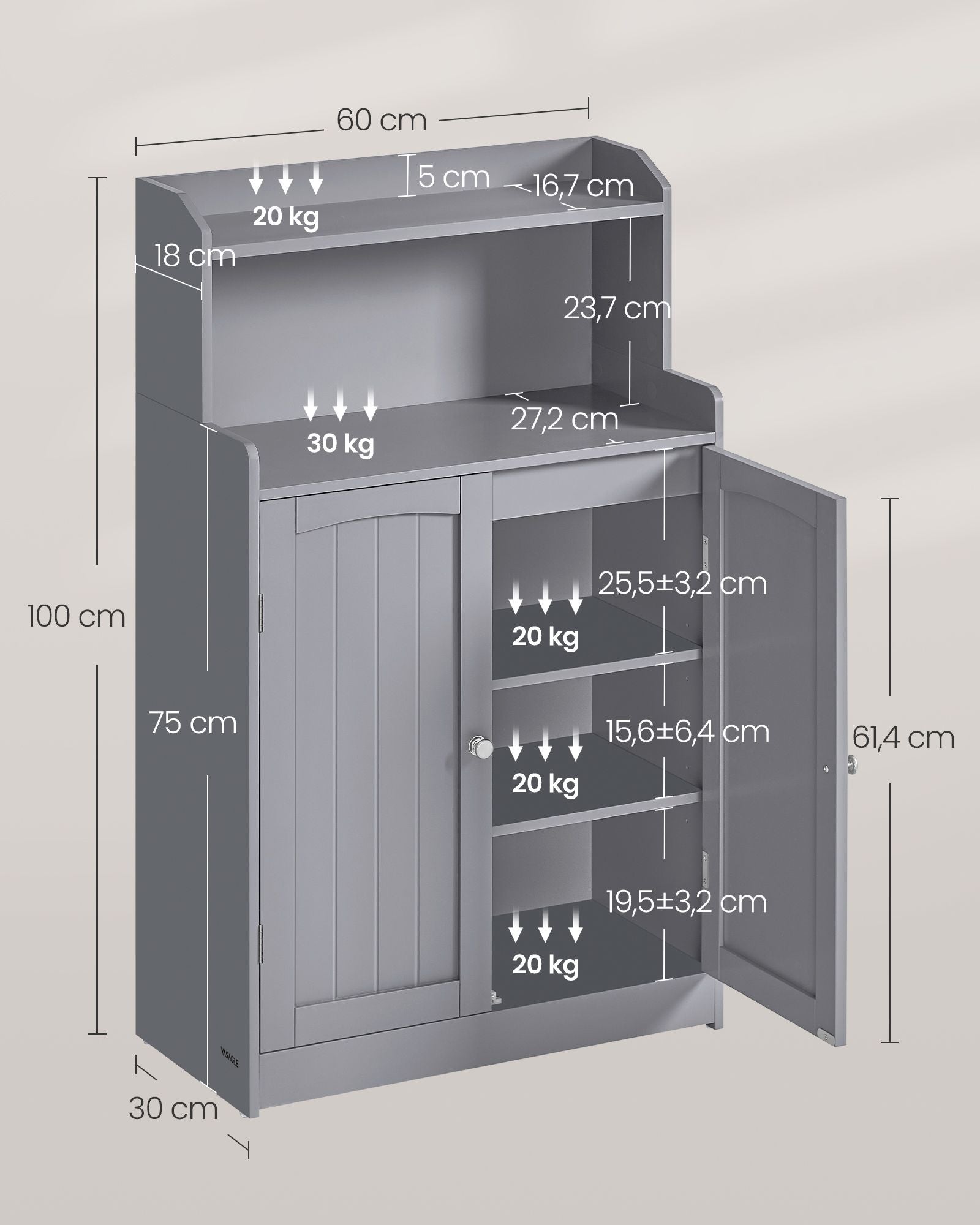 Badezimmerschrank mit 2 Türen und Eingeböden taubengrau