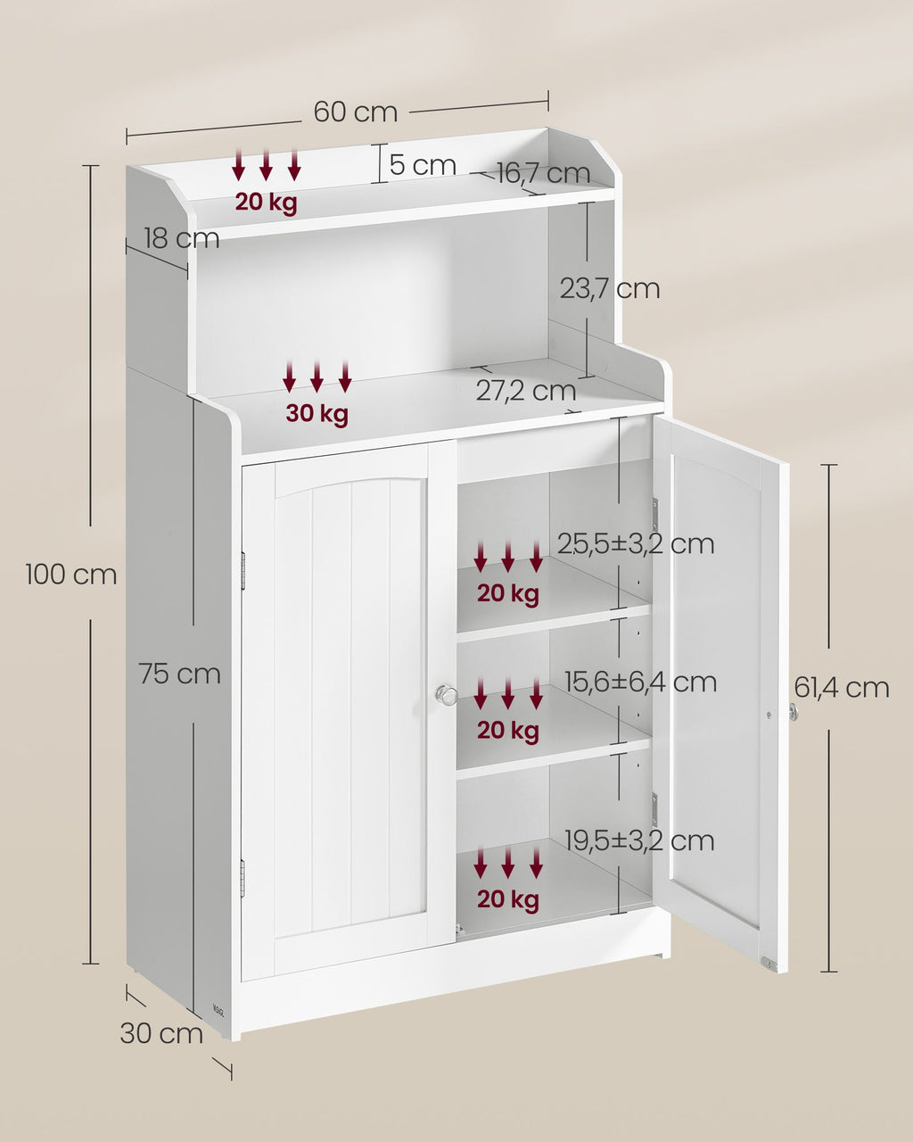 Badezimmerschrank mit 2 Türen und Eingeböden wolkenweiß