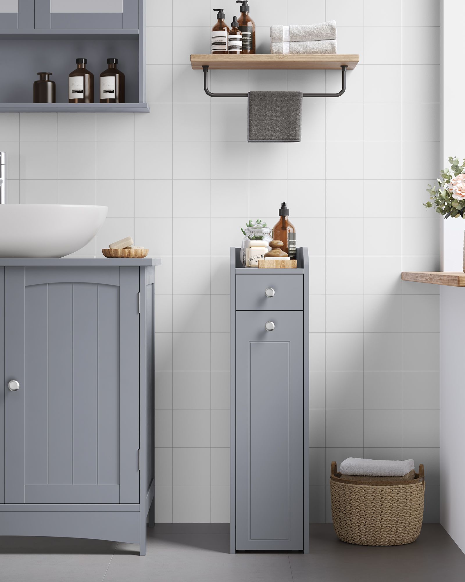 Badezimmerschrank mit Schubladen für Toilettenpapier schmal