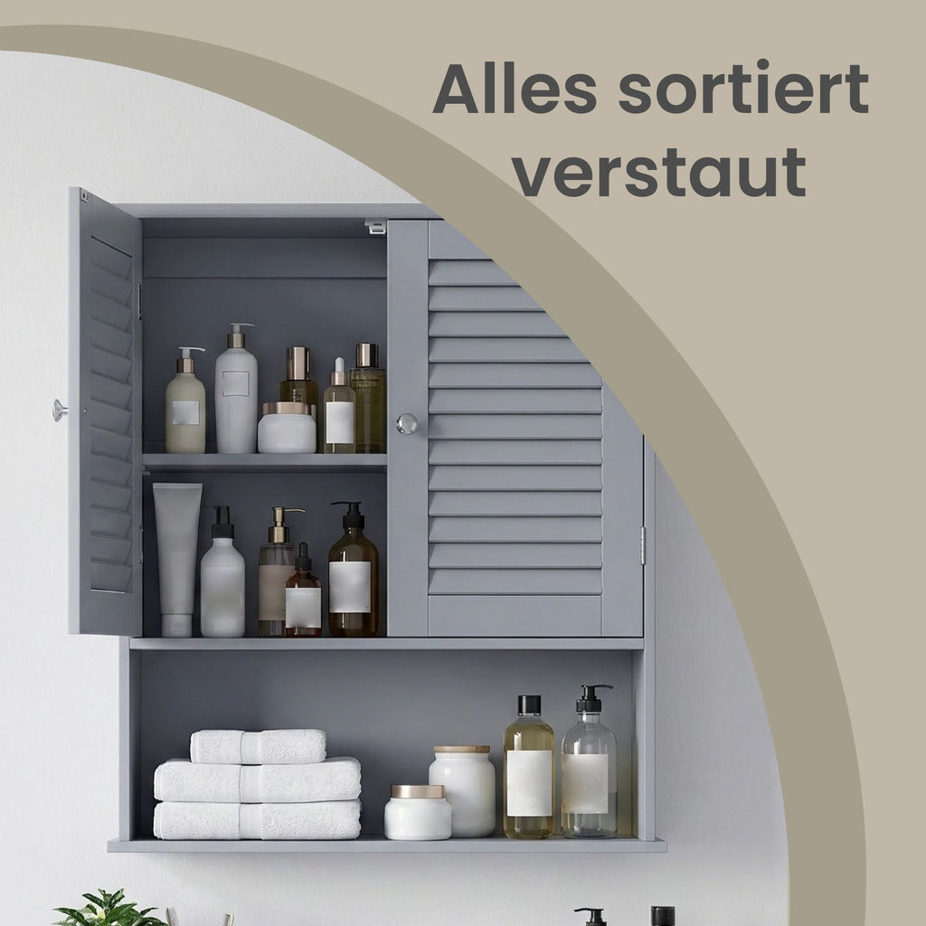 Wandmontierter Badezimmerschrank, mit verstellbaren Regalböden, Doppeltüren mit Lamellen