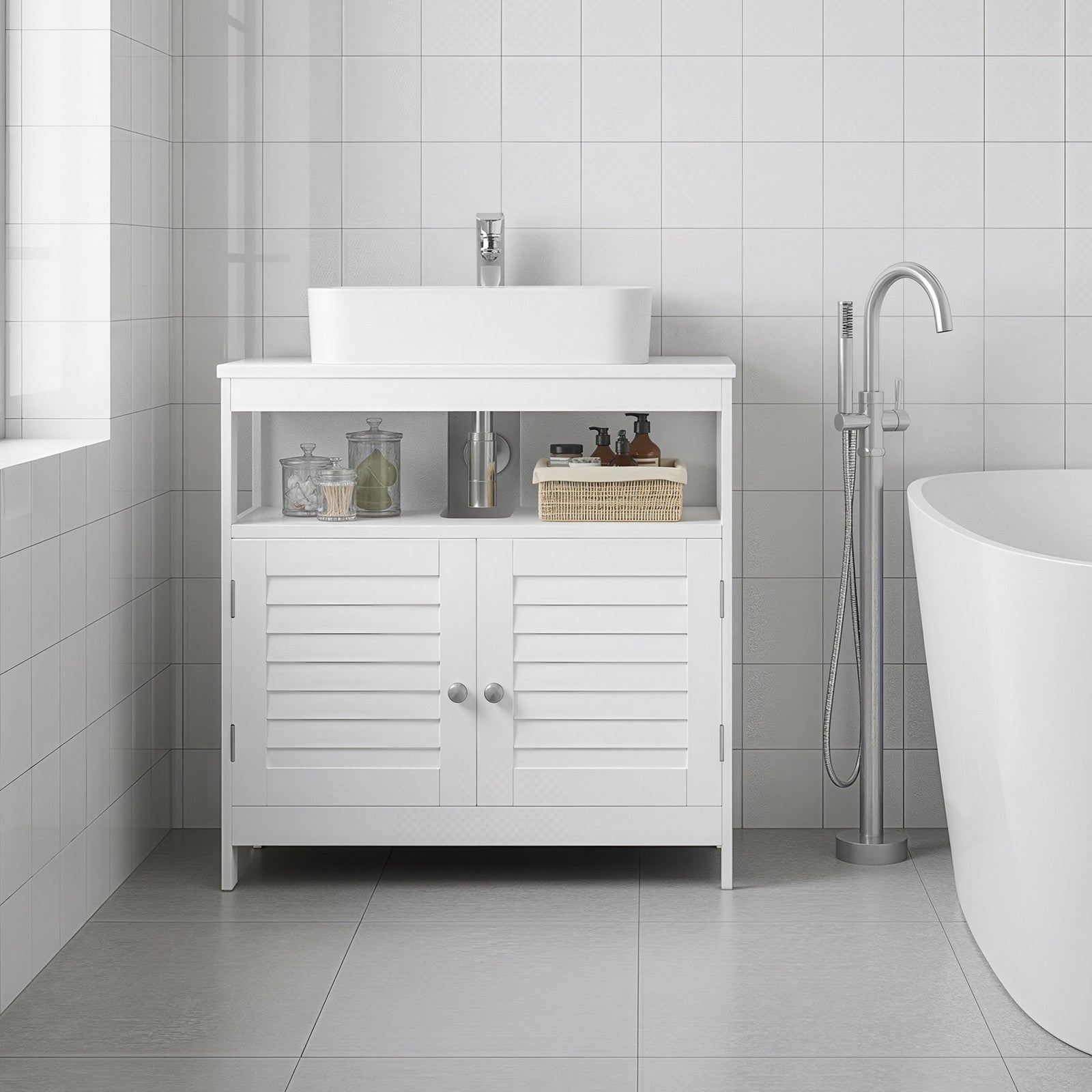 Unterschrank, Badezimmerschrank, mit 2 Lamellentüren