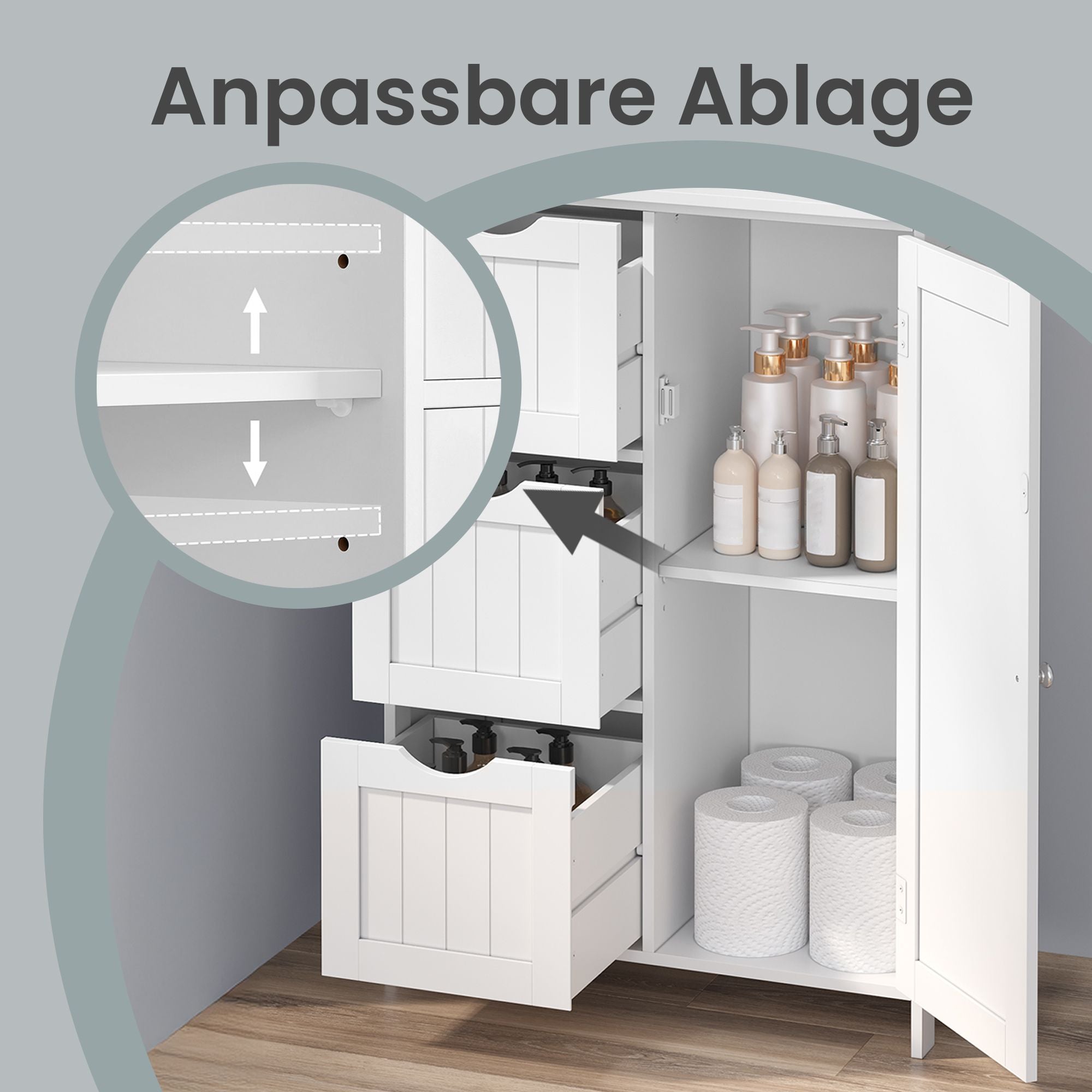Badezimmerschrank mit 3 Schubladen, 1 verstellbares Regal, 30 x 60 x 81 cm