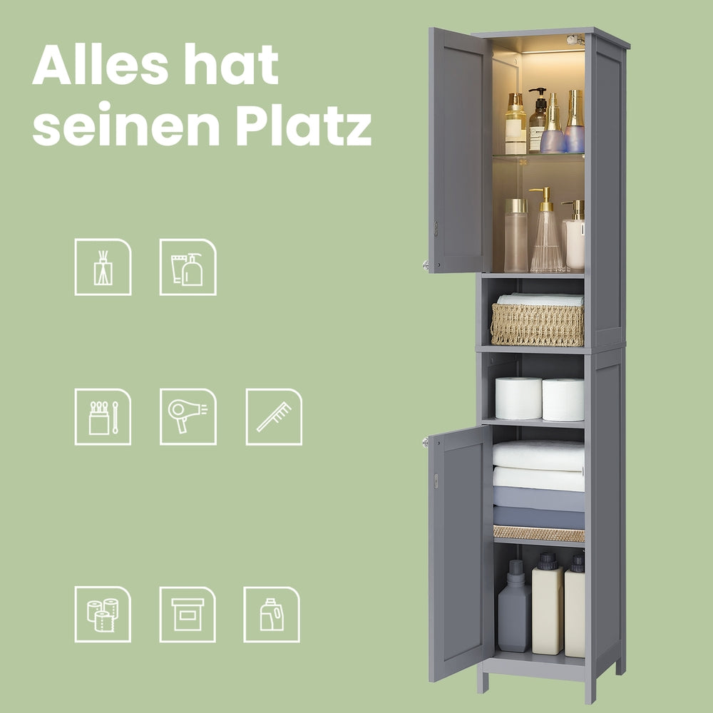 Hochschrank für Badezimmer mit Beleuchtung, verstellbaren Einlegeböden, offenen Fächern