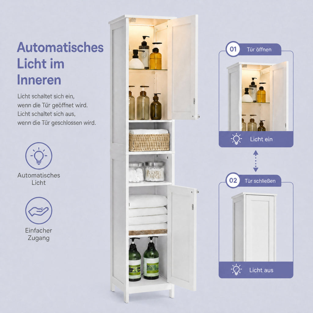 Hochschrank für Badezimmer mit Beleuchtung, verstellbaren Einlegeböden, offenen Fächern