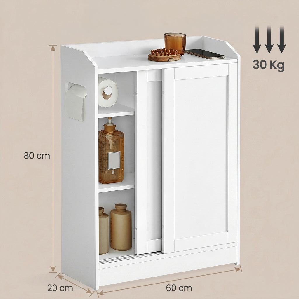 Schmaler Badschrank mit Schiebetüren, verstellbaren Einlegeböden und Toilettenpapierhalter, für Badezimmer neben der Toilette