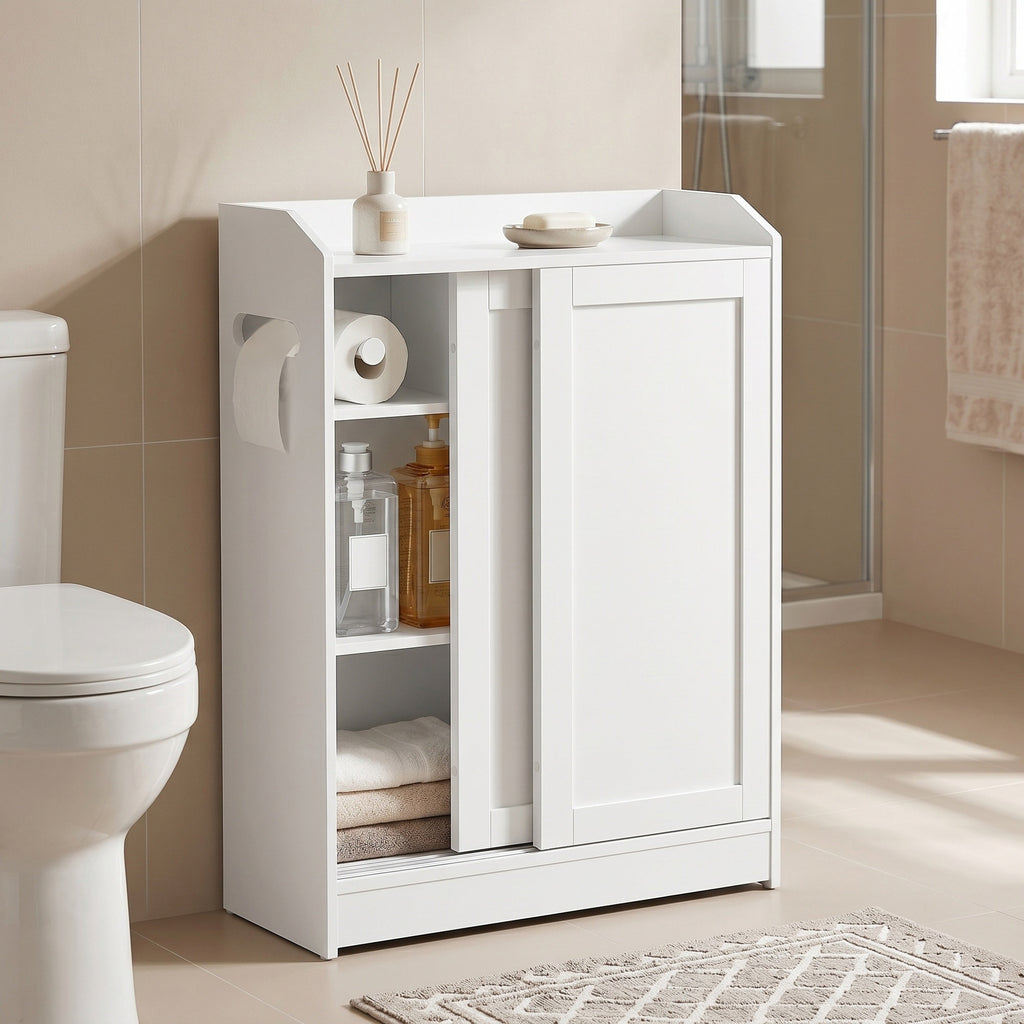 Schmaler Badschrank mit Schiebetüren, verstellbaren Einlegeböden und Toilettenpapierhalter, für Badezimmer neben der Toilette