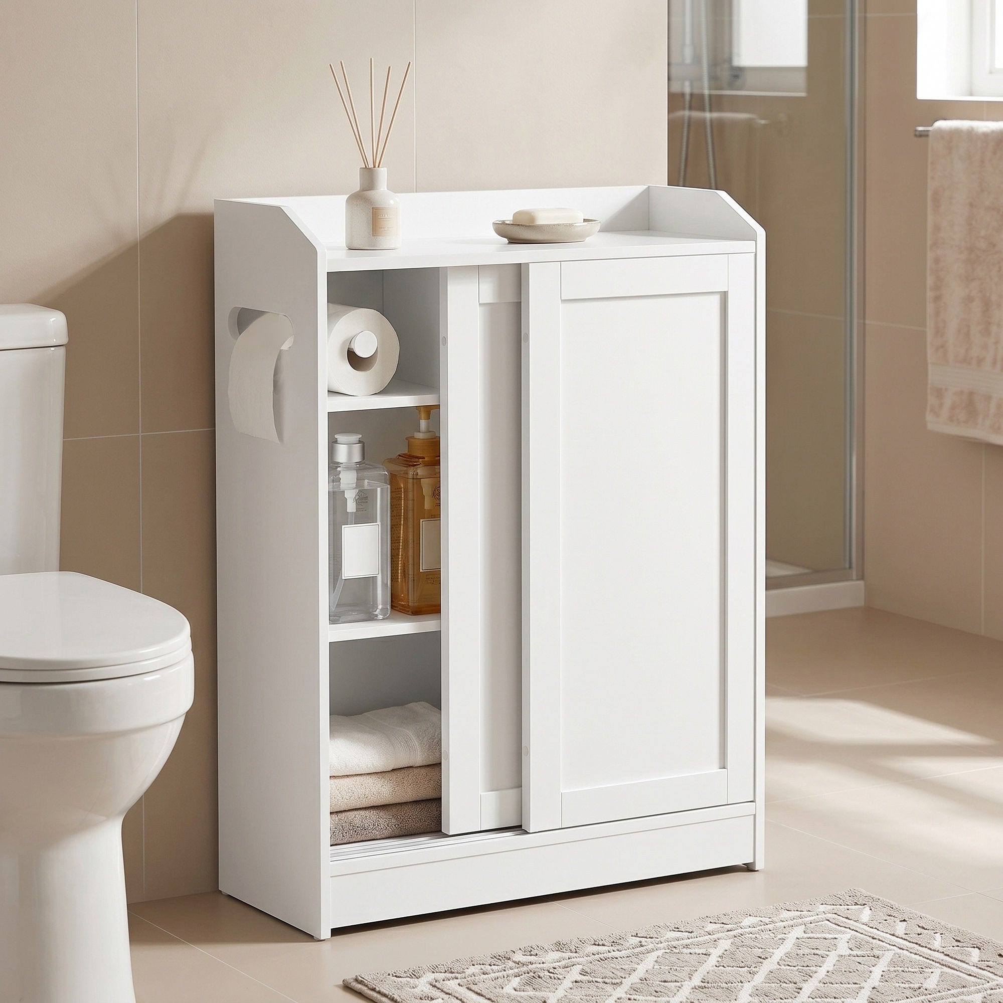Schmaler Badschrank mit Schiebetüren, verstellbaren Einlegeböden und Toilettenpapierhalter, für Badezimmer neben der Toilette