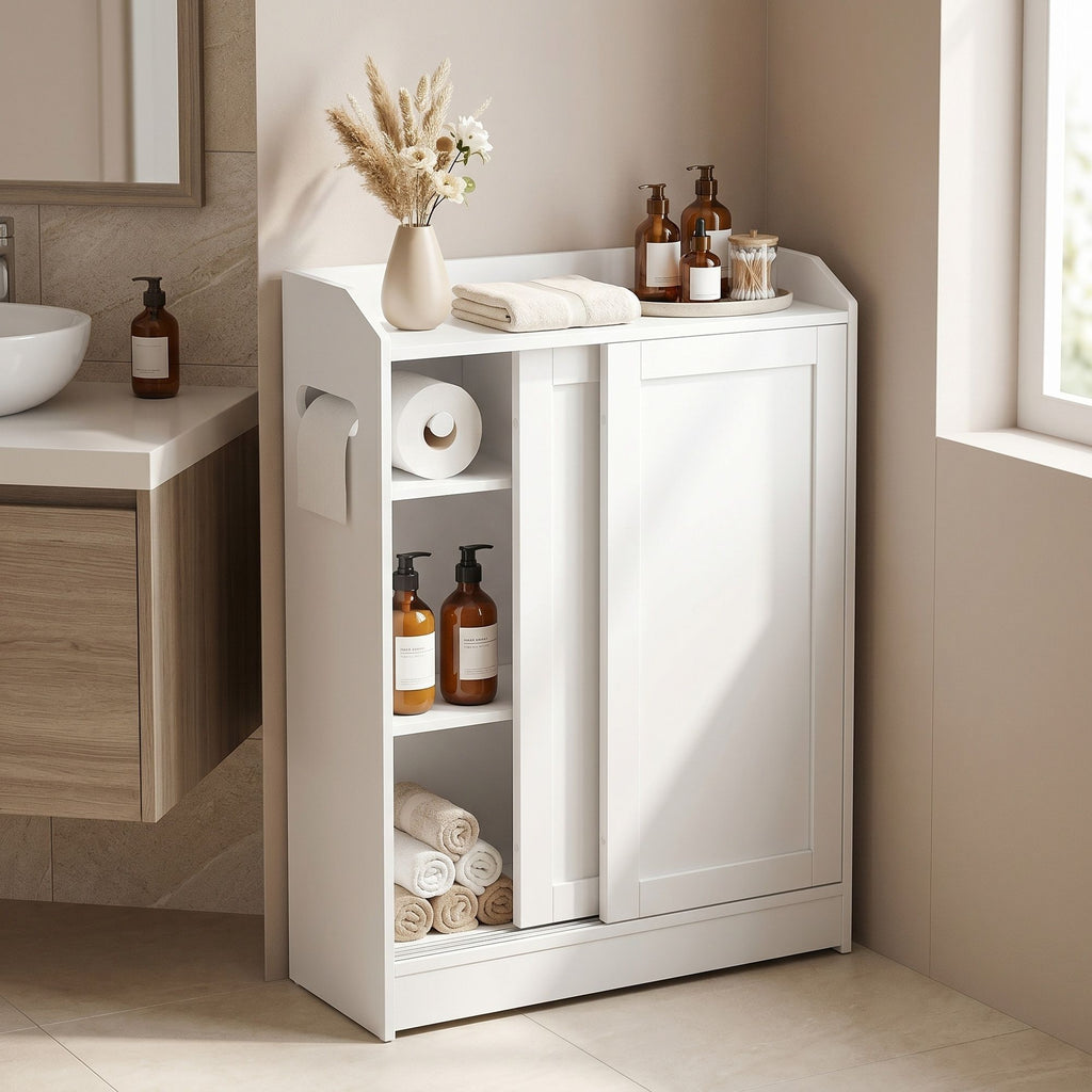 Schmaler Badschrank mit Schiebetüren, verstellbaren Einlegeböden und Toilettenpapierhalter, für Badezimmer neben der Toilette