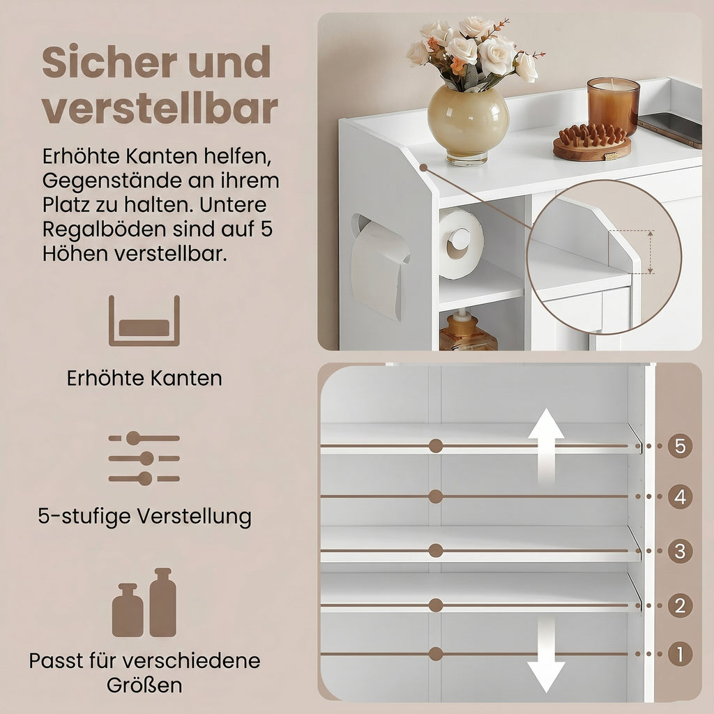 Schmaler Badschrank mit Schiebetüren, verstellbaren Einlegeböden und Toilettenpapierhalter, für Badezimmer neben der Toilette