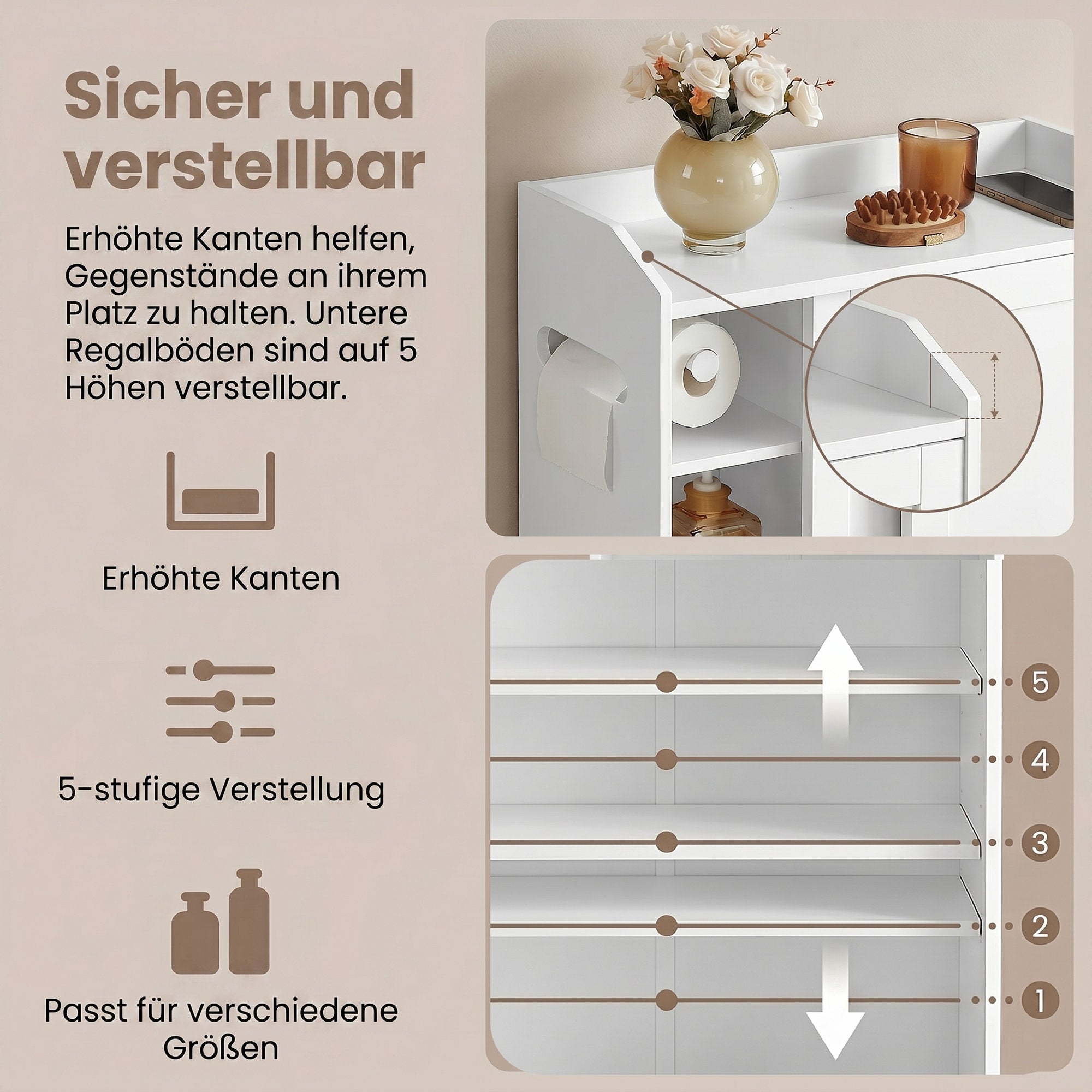 Schmaler Badschrank mit Schiebetüren, verstellbaren Einlegeböden und Toilettenpapierhalter, für Badezimmer neben der Toilette