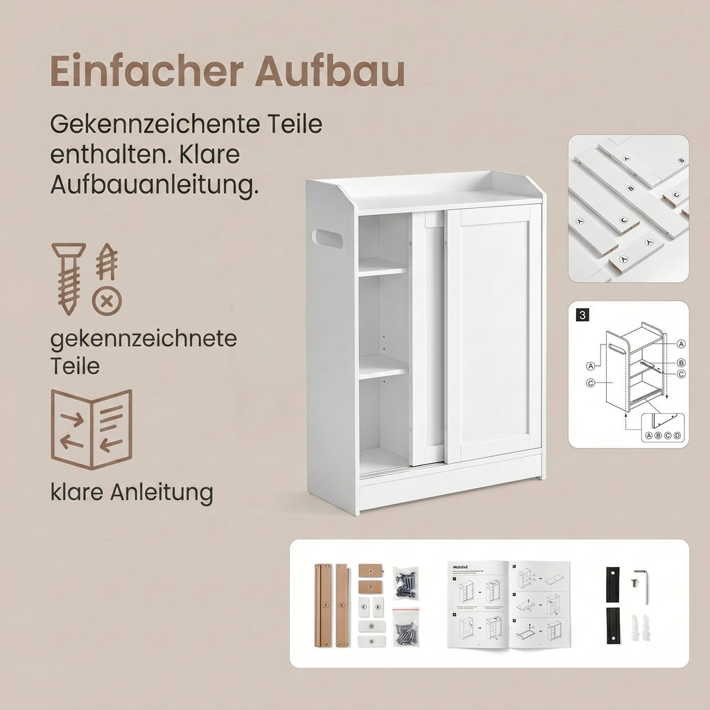 Schmaler Badschrank mit Schiebetüren, verstellbaren Einlegeböden und Toilettenpapierhalter, für Badezimmer neben der Toilette