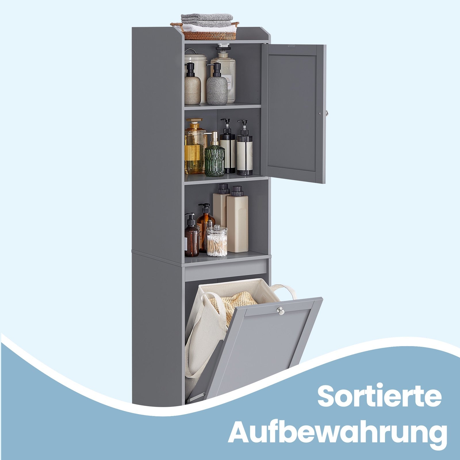 Badschrank mit Wäschekorb, herausnehmbarer Wäschesack, Schrank mit verstellbarer Ablage