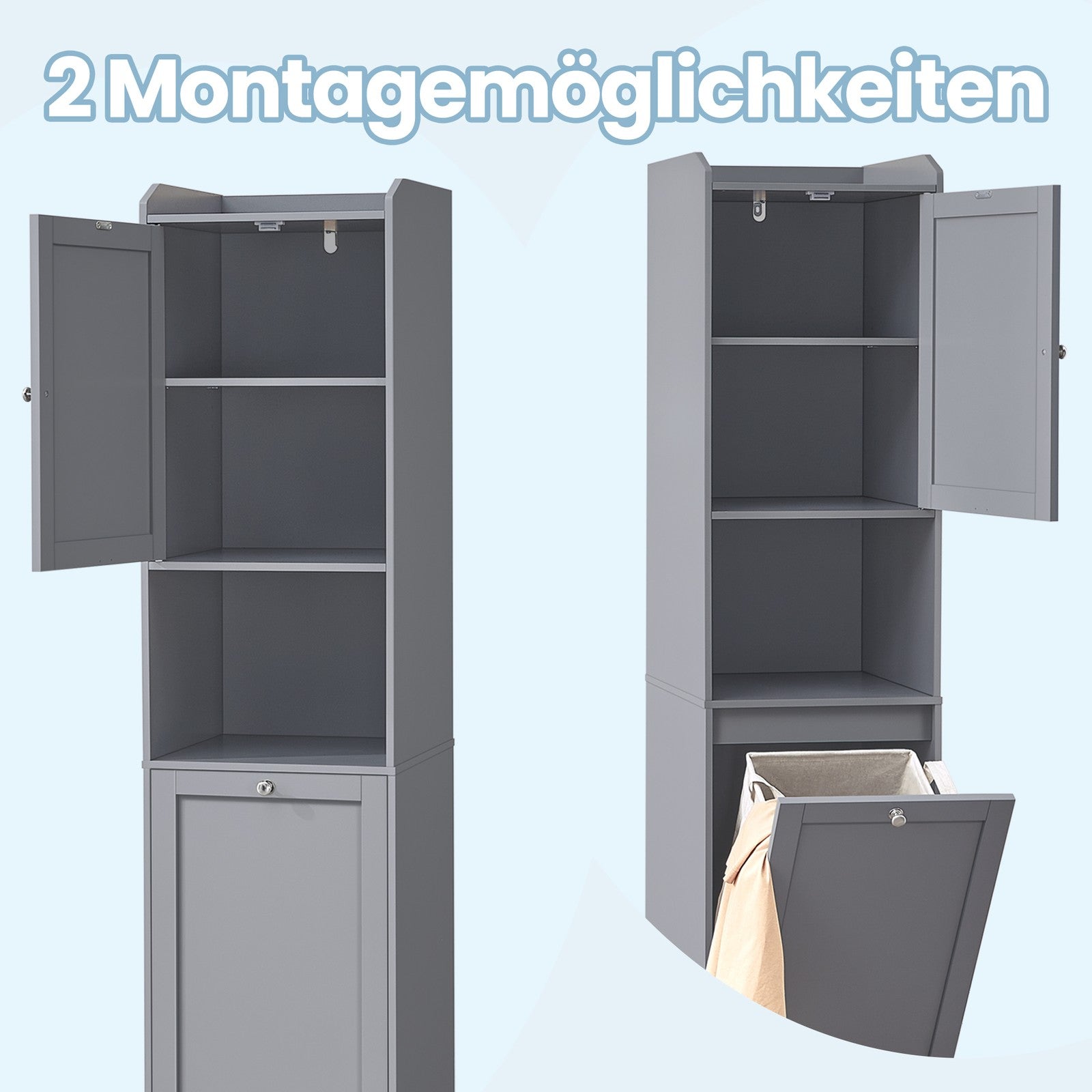 Badschrank mit Wäschekorb, herausnehmbarer Wäschesack, Schrank mit verstellbarer Ablage