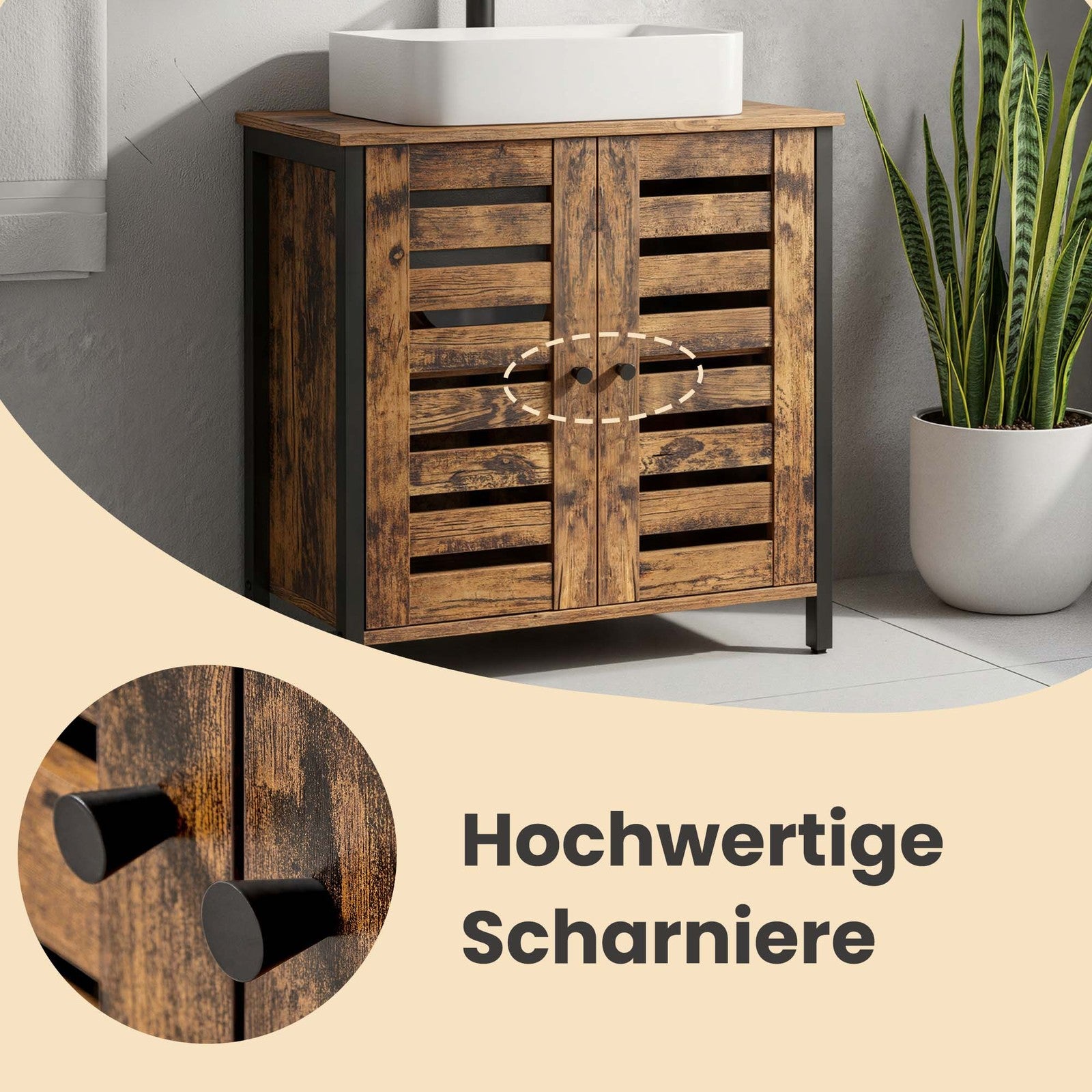 Aufbewahrungsschrank für Badezimmer, Waschbeckenunterschrank, mit 2 Lamellentüren