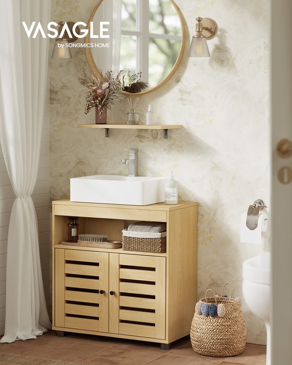 Waschbeckenunterschrank 2 Türen 30 × 60 × 63 cm für Waschbecken ohne Säule  mandelgelb