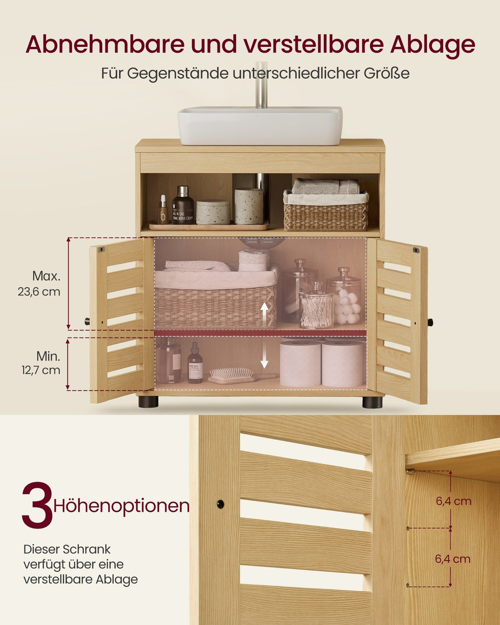 Waschbeckenunterschrank 2 Türen 30 × 60 × 63 cm für Waschbecken ohne Säule  mandelgelb