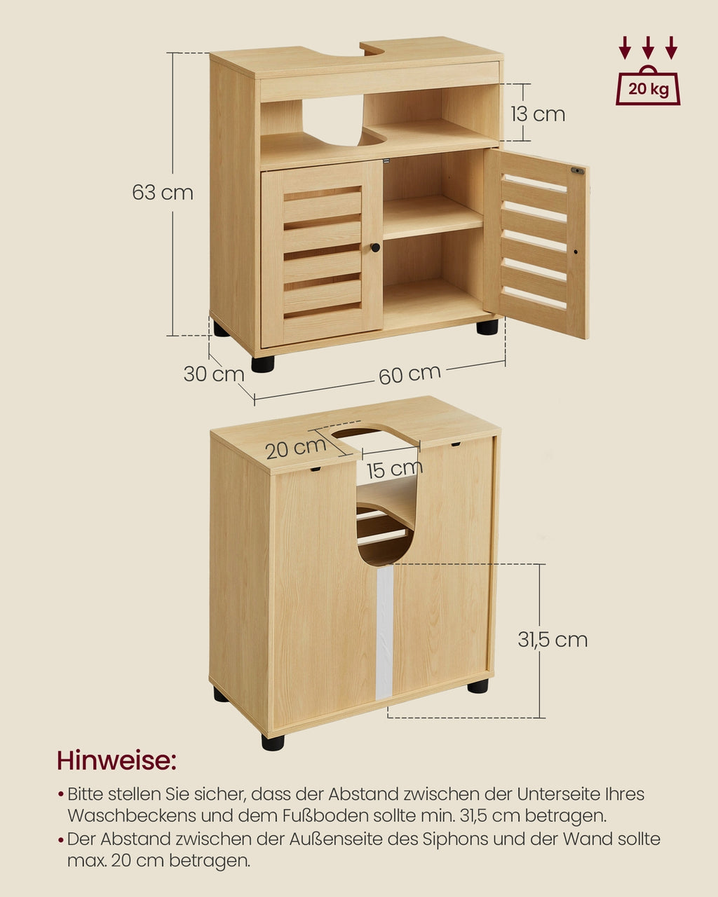 Waschbeckenunterschrank 2 Türen 30 × 60 × 63 cm für Waschbecken ohne Säule  mandelgelb