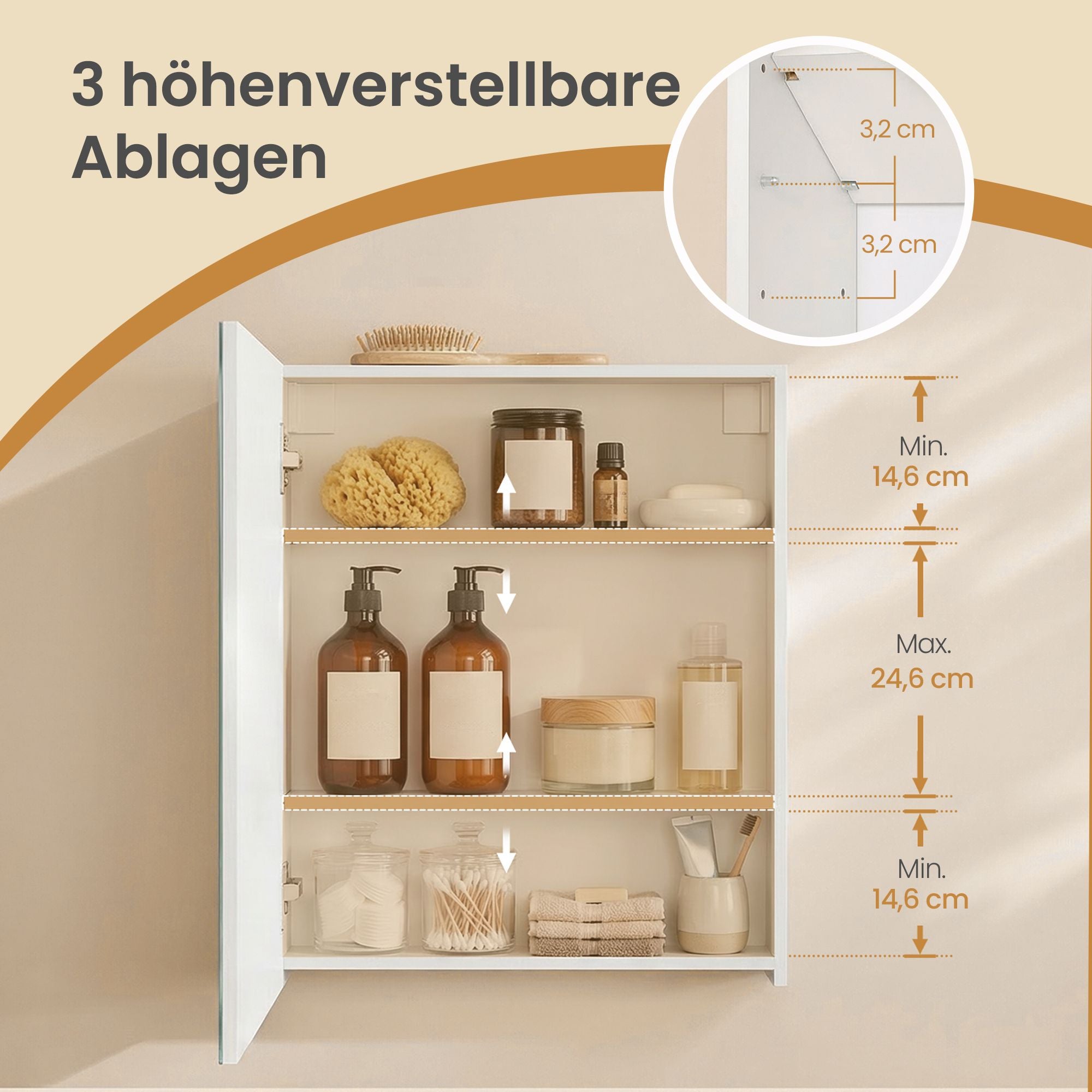 Hängeschrank mit Spiegel, Aufbewahrungsschrank mit verstellbaren Einlegeböden, modern