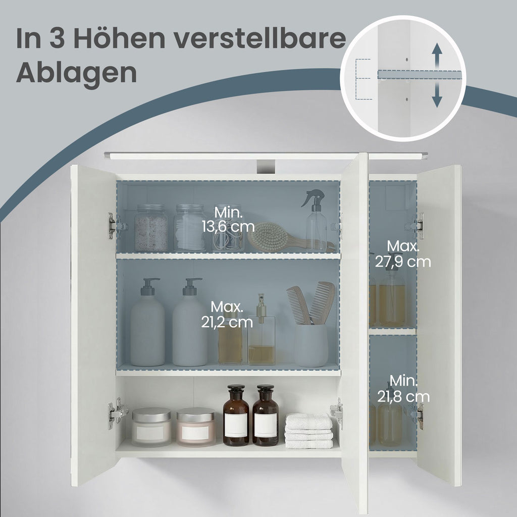 Spiegelschrank, Hängeschrank mit verstellbaren Ablagen, Beleuchtung
