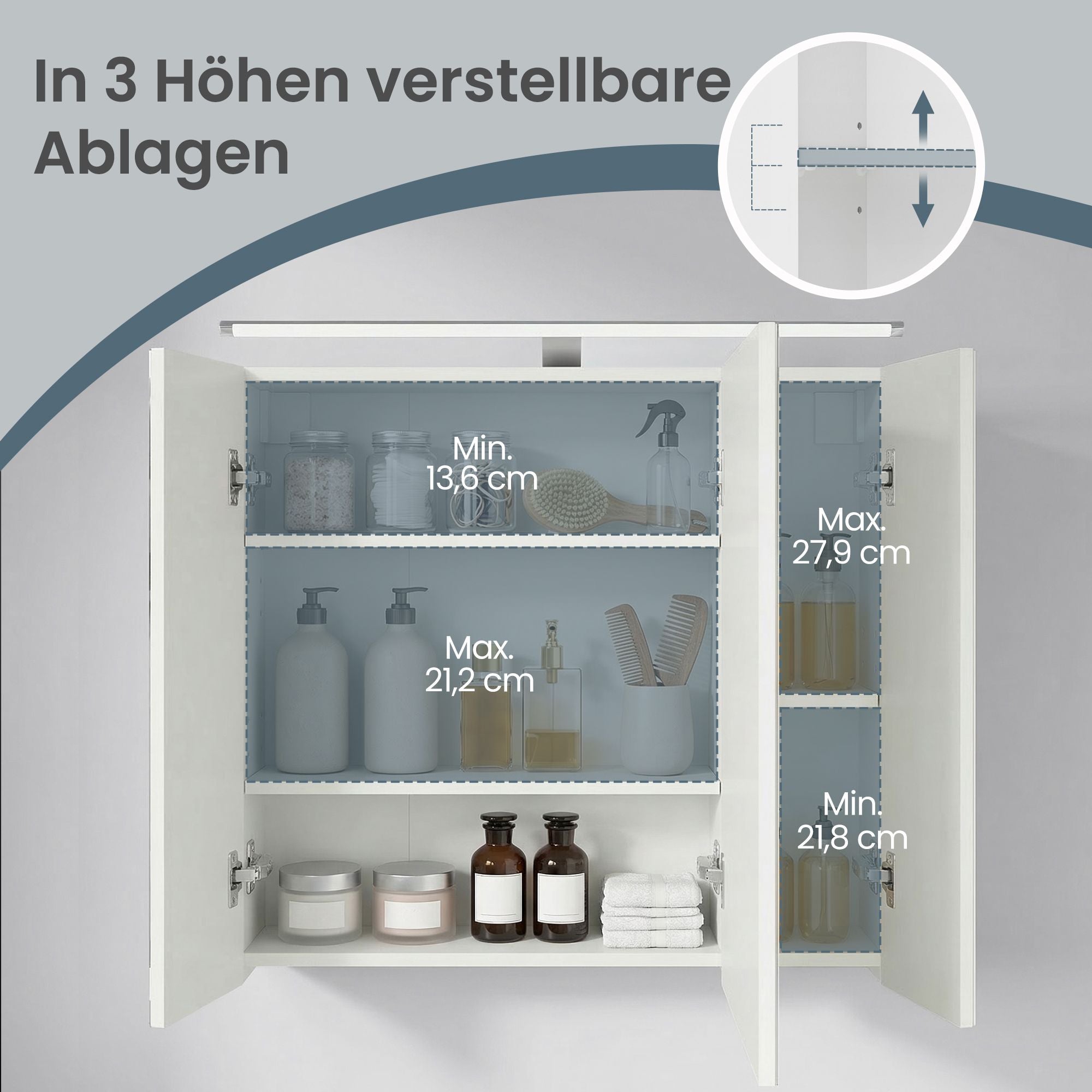 Spiegelschrank, Hängeschrank mit verstellbaren Ablagen, Beleuchtung