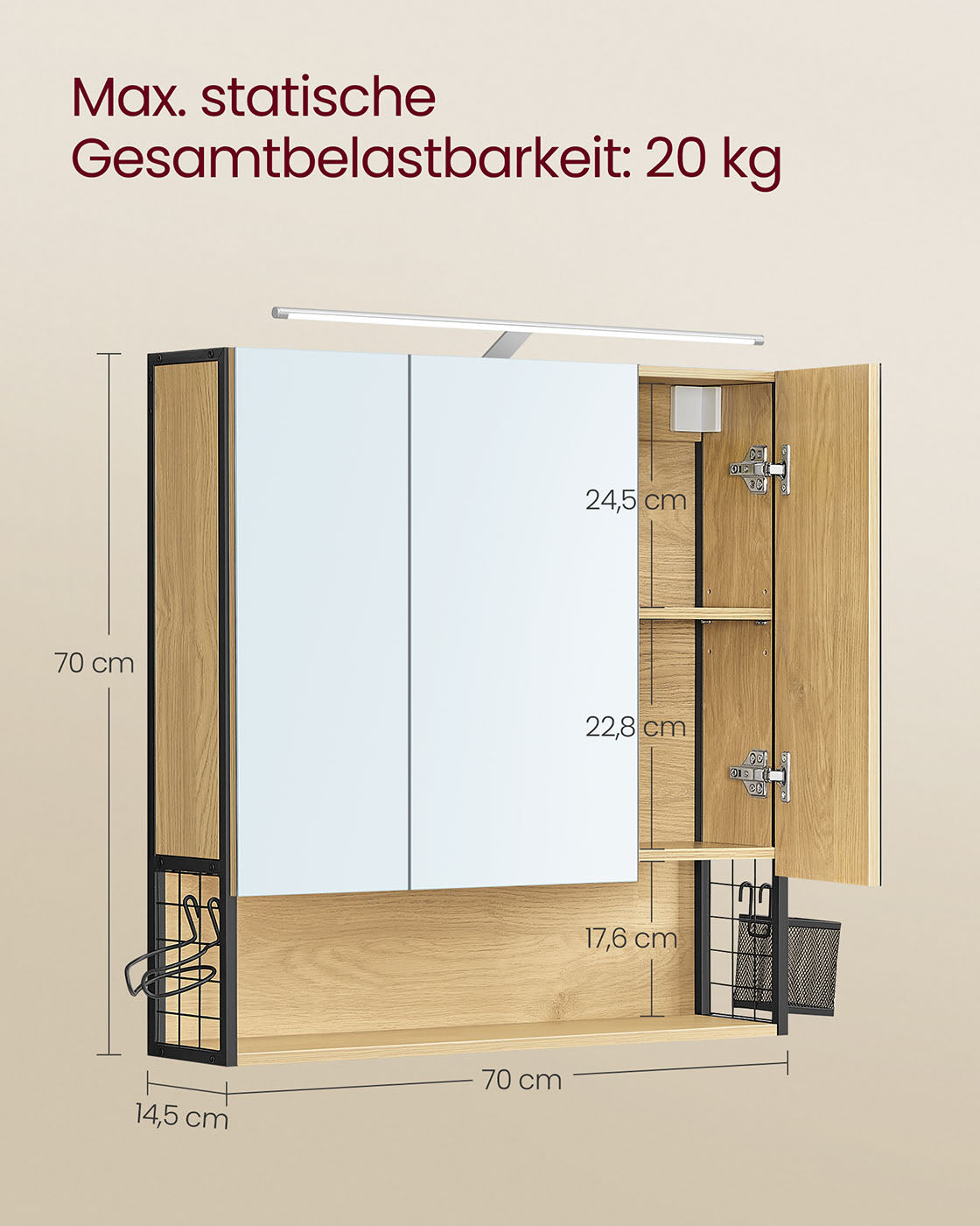 Badezimmerschrank mit LED-Beleuchtung 14,5 x 70 x 70 cm natureichenfarben