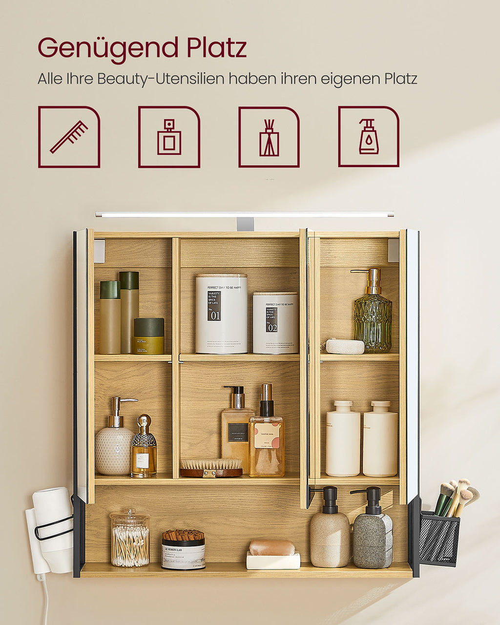 Badezimmerschrank mit LED-Beleuchtung 14,5 x 70 x 70 cm natureichenfarben