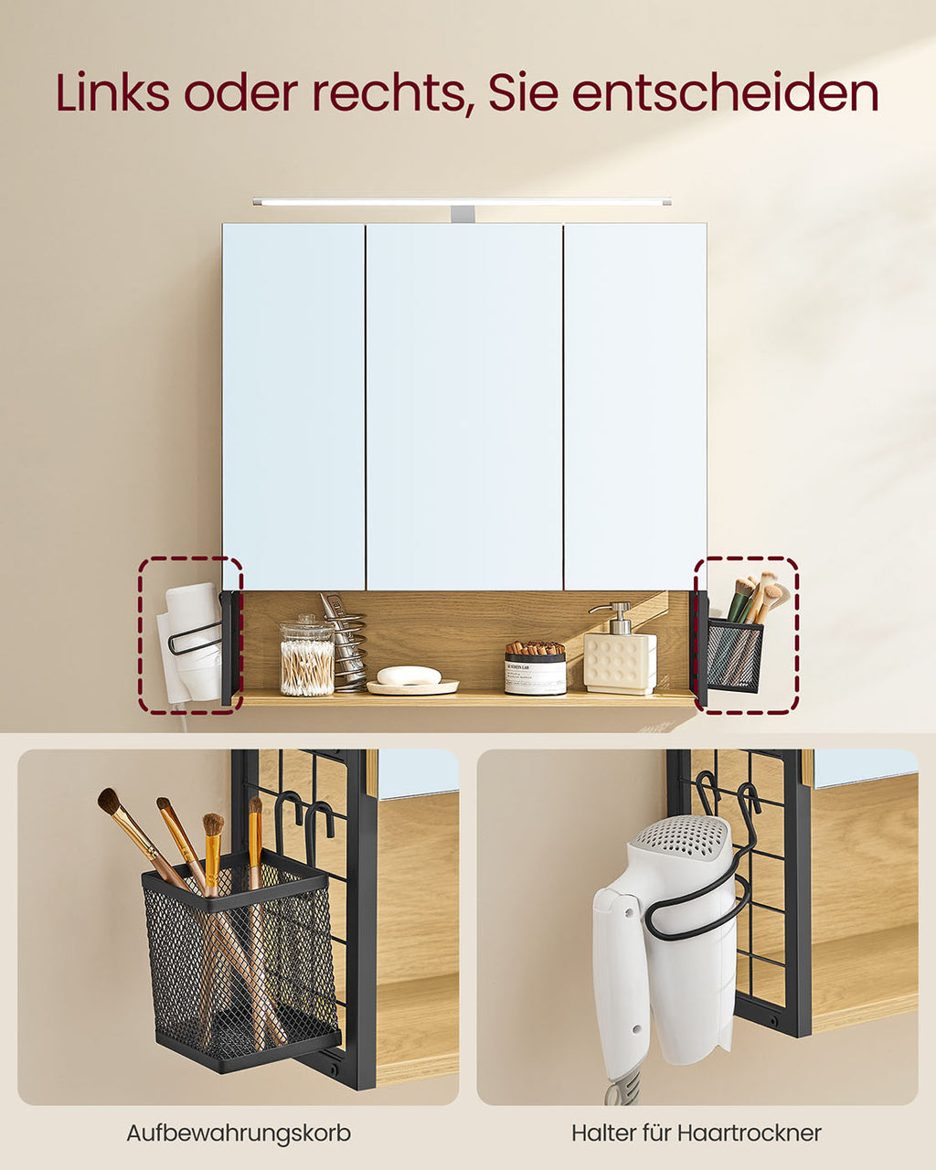 Badezimmerschrank mit LED-Beleuchtung 14,5 x 70 x 70 cm natureichenfarben