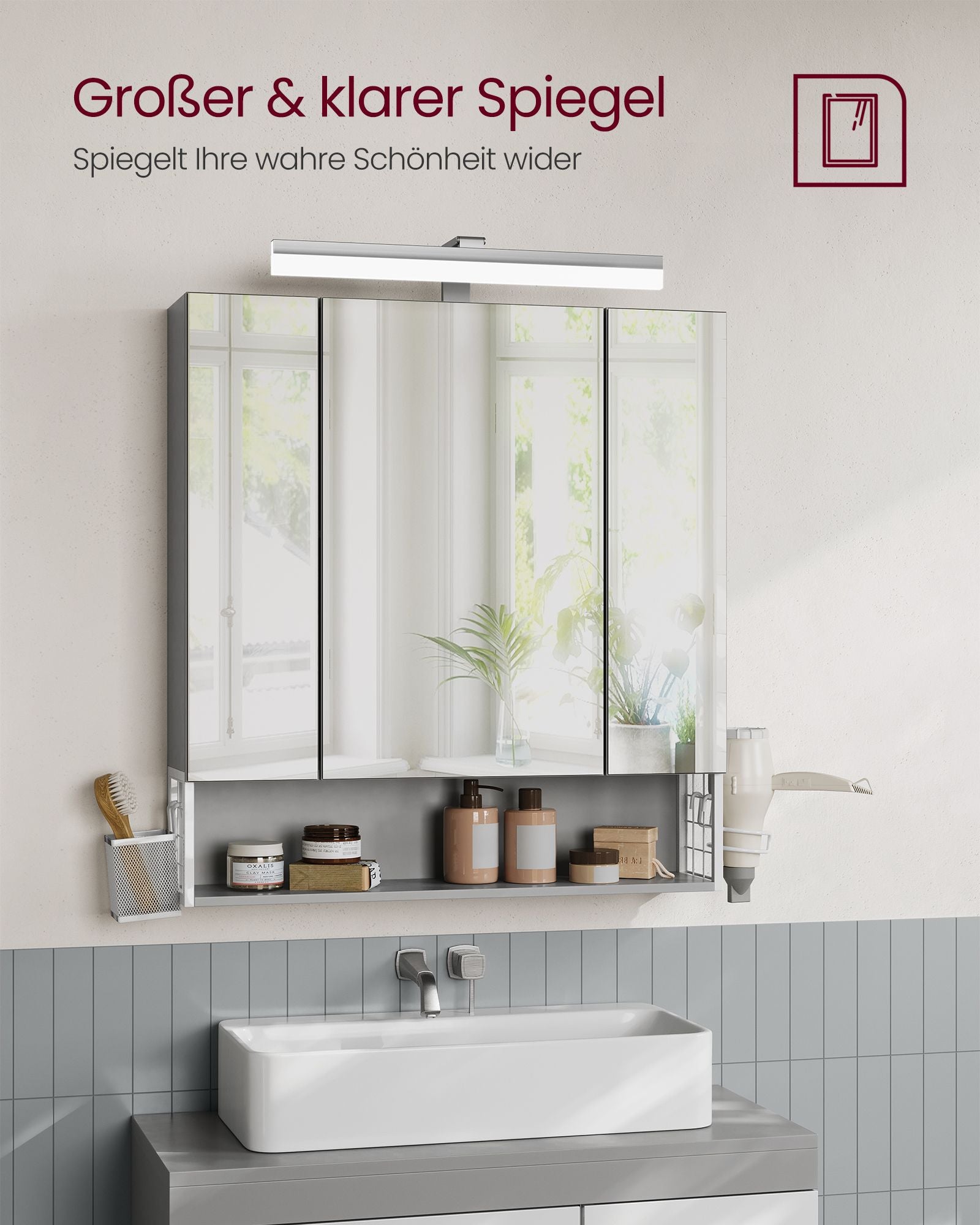 Badschrank mit Steckdosen und 3 Türen wolkenweiß-taubengrau