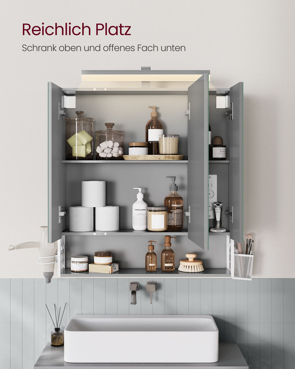 Badschrank mit Steckdosen und 3 Türen wolkenweiß-taubengrau