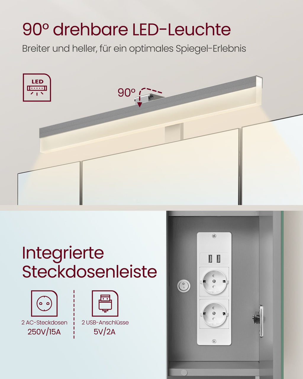 Badschrank mit Steckdosen und 3 Türen wolkenweiß-taubengrau