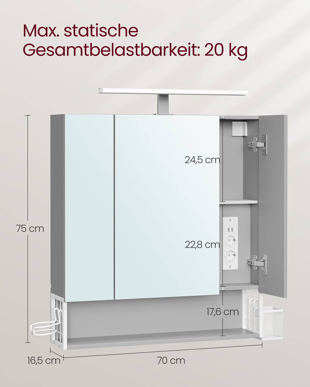 Badschrank mit Steckdosen und 3 Türen wolkenweiß-taubengrau