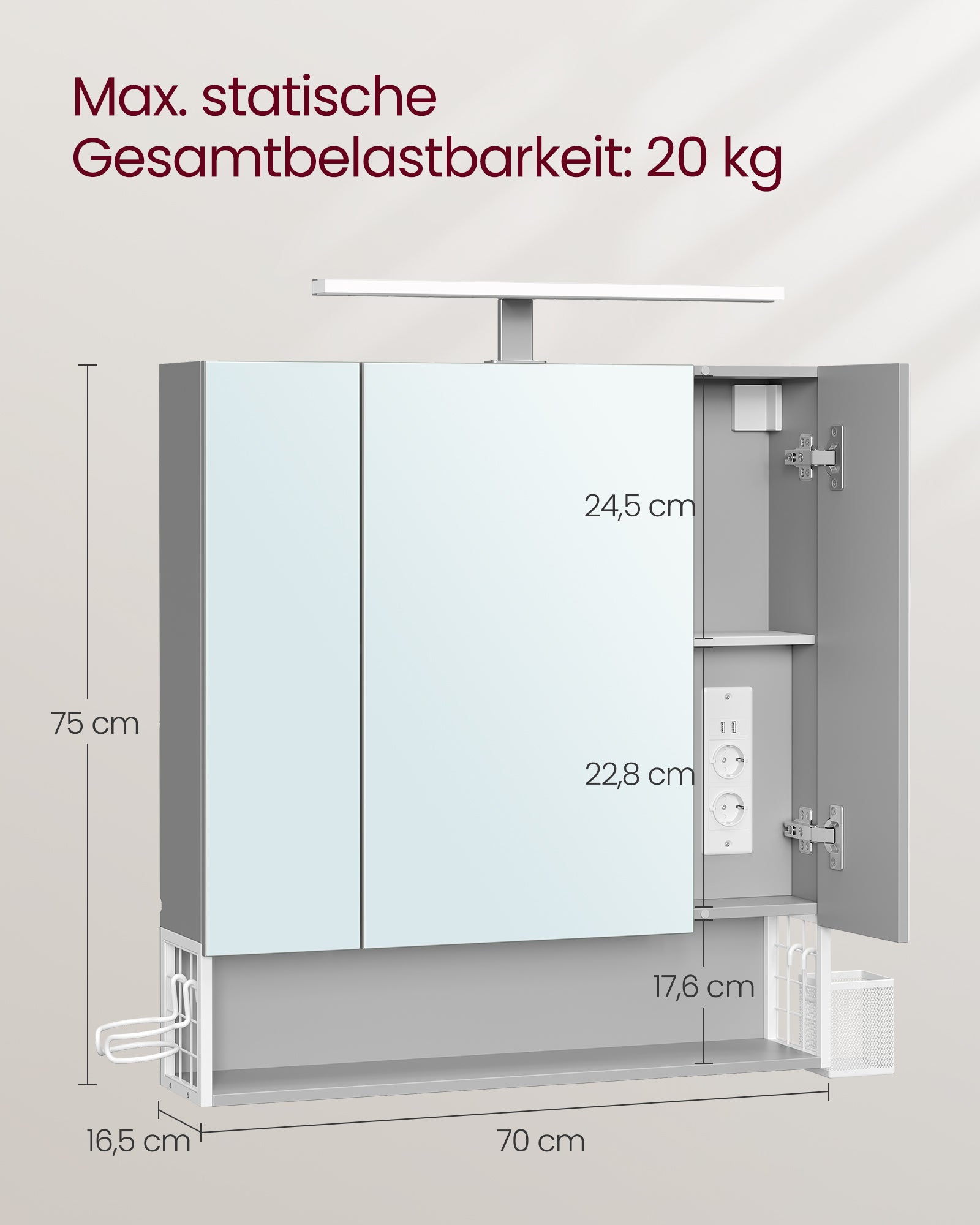 Badschrank mit Steckdosen und 3 Türen wolkenweiß-taubengrau