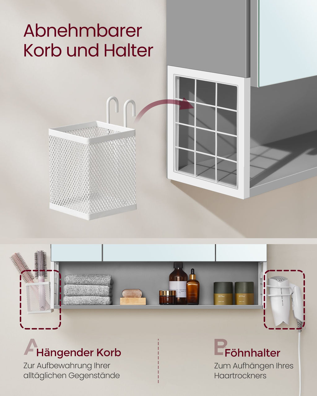 Badschrank mit Steckdosen und 3 Türen wolkenweiß-taubengrau