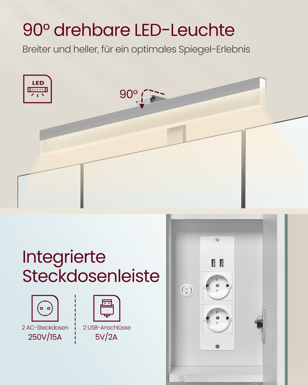 Badschrank mit Steckdosen und 3 Türen wolkenweiß