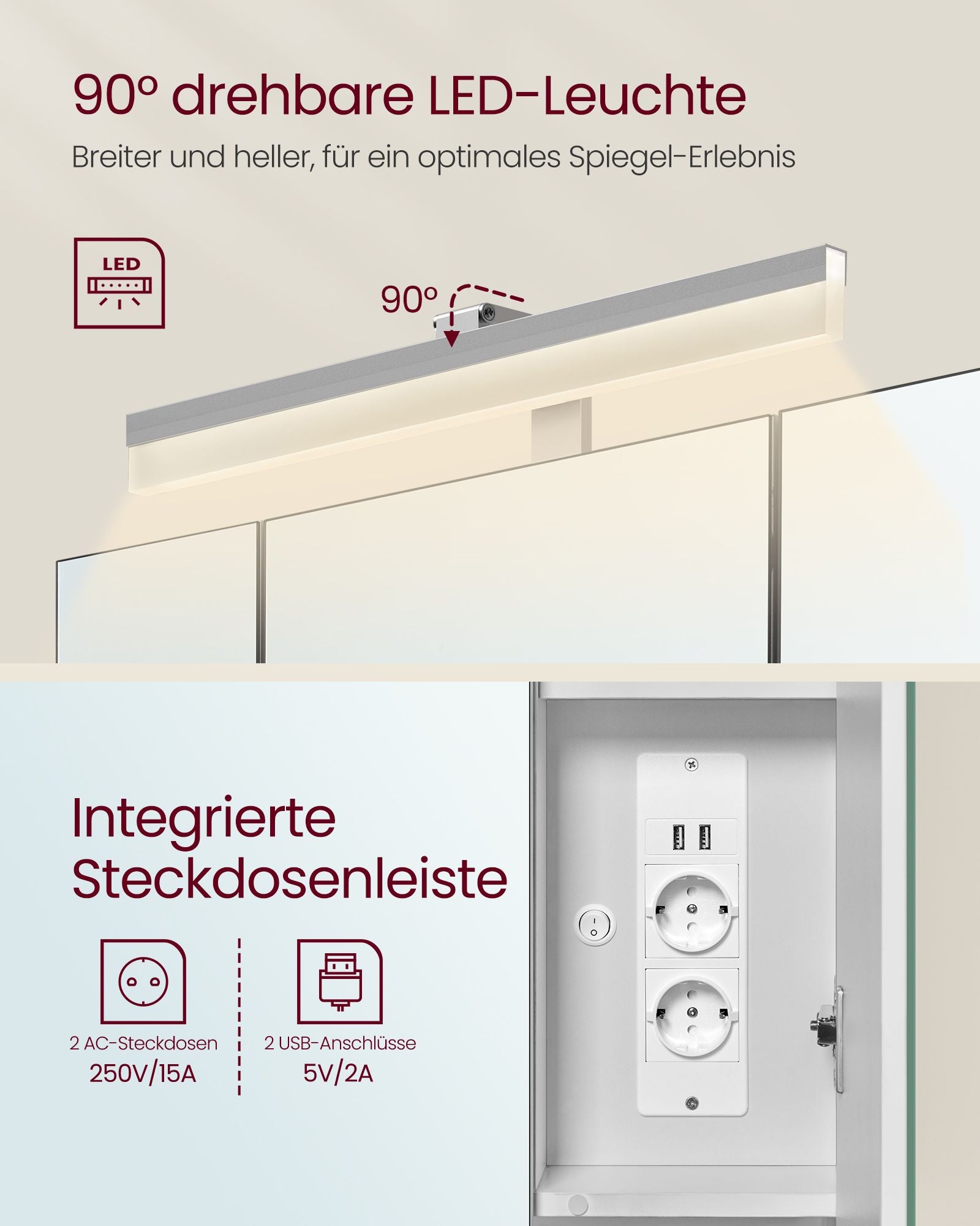 Badschrank mit Steckdosen und 3 Türen wolkenweiß