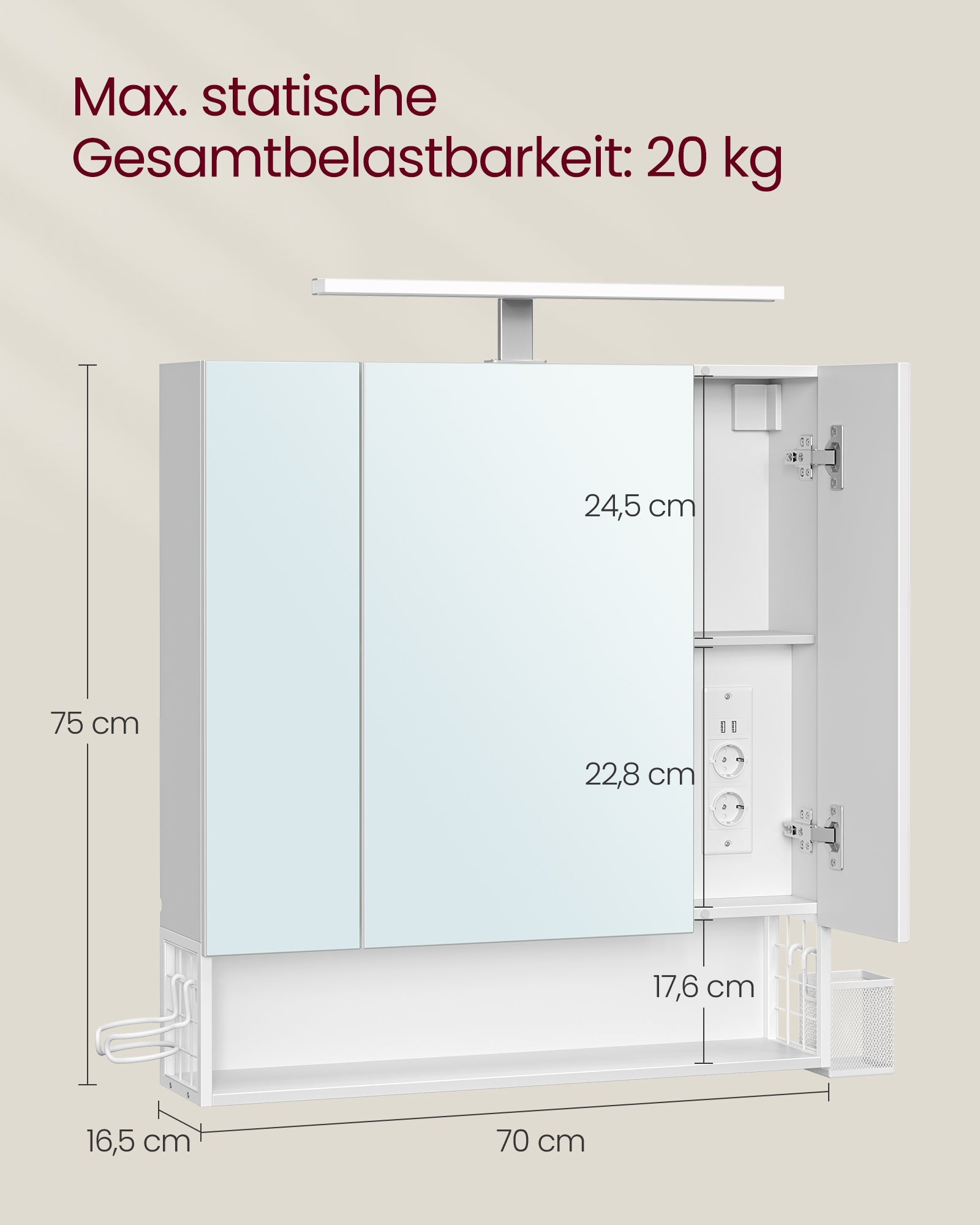 Badschrank mit Steckdosen und 3 Türen wolkenweiß