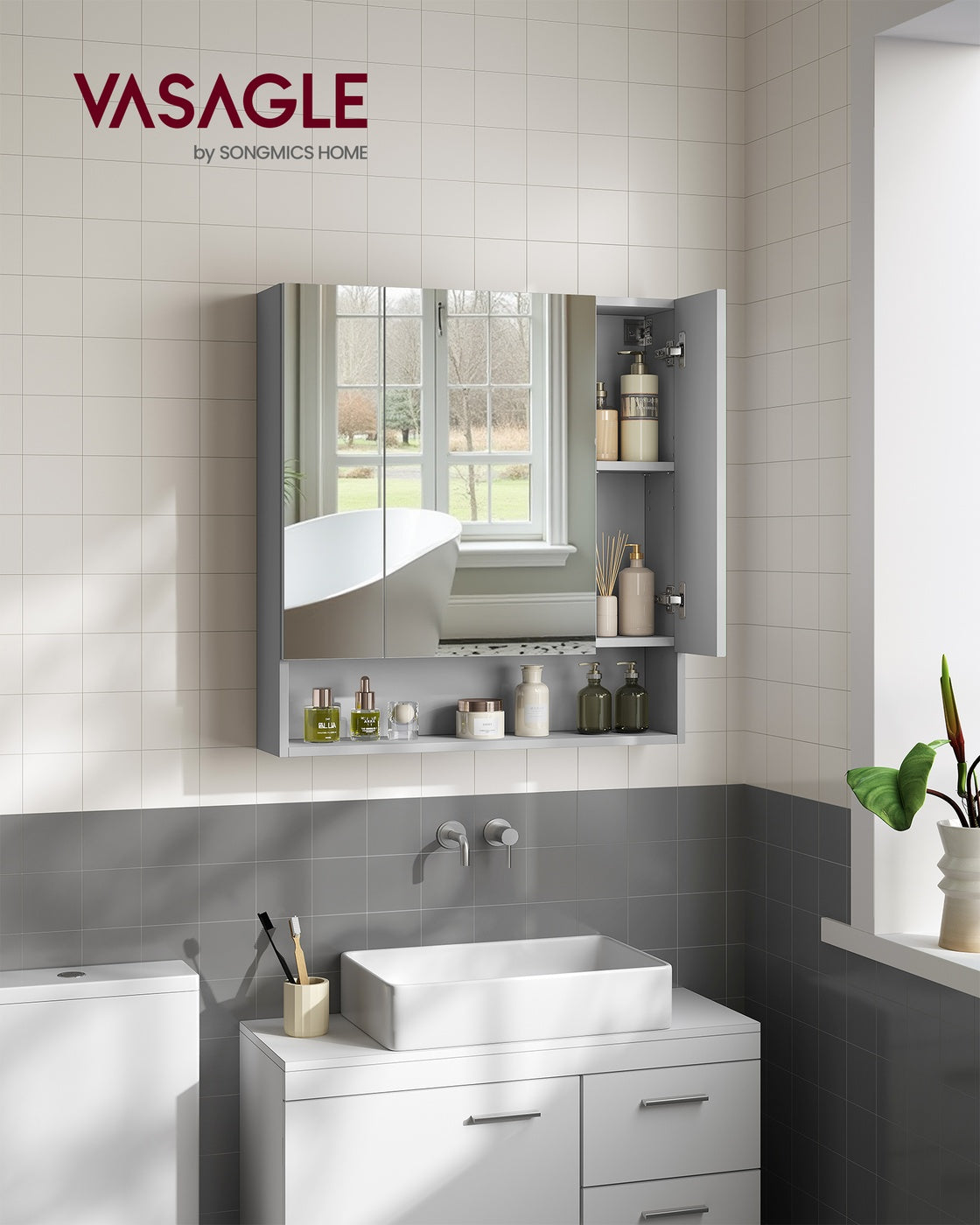 Kailyn Kollektion - Badschrank mit Spiegel und Stauraum 16,5 x 70 x 75 cm taubengrau