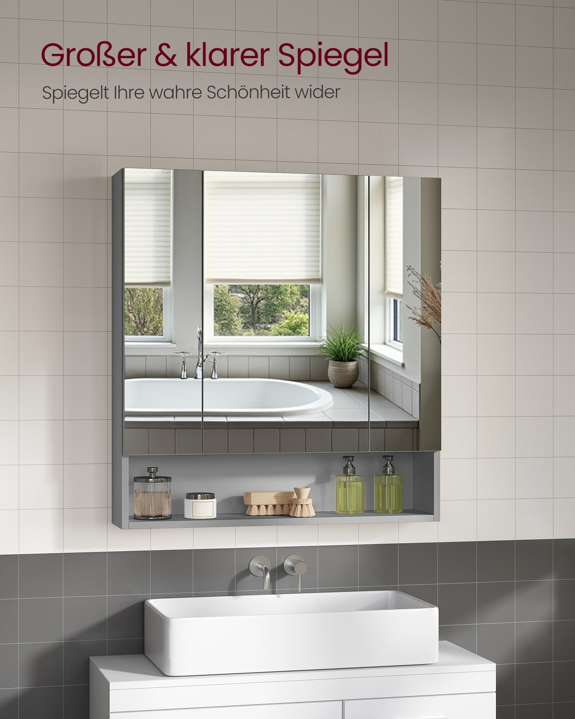 Kailyn Kollektion - Badschrank mit Spiegel und Stauraum 16,5 x 70 x 75 cm taubengrau
