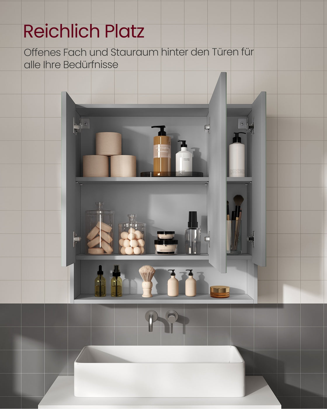 Kailyn Kollektion - Badschrank mit Spiegel und Stauraum 16,5 x 70 x 75 cm taubengrau
