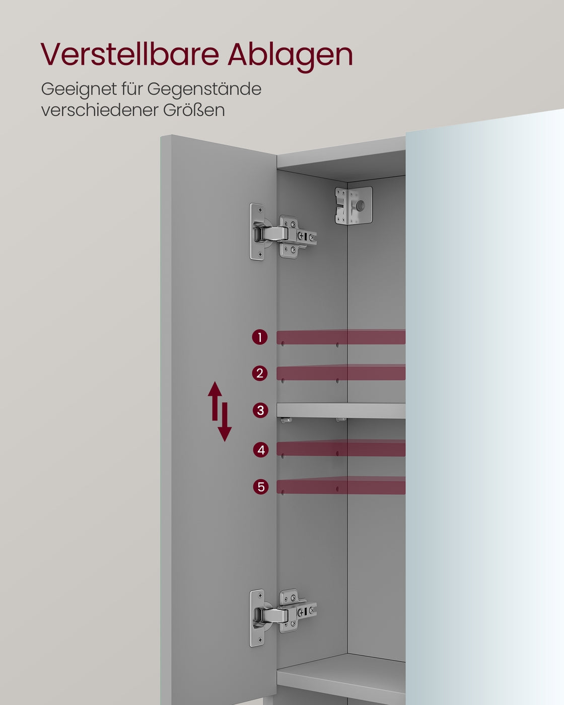 Kailyn Kollektion - Badschrank mit Spiegel und Stauraum 16,5 x 70 x 75 cm taubengrau