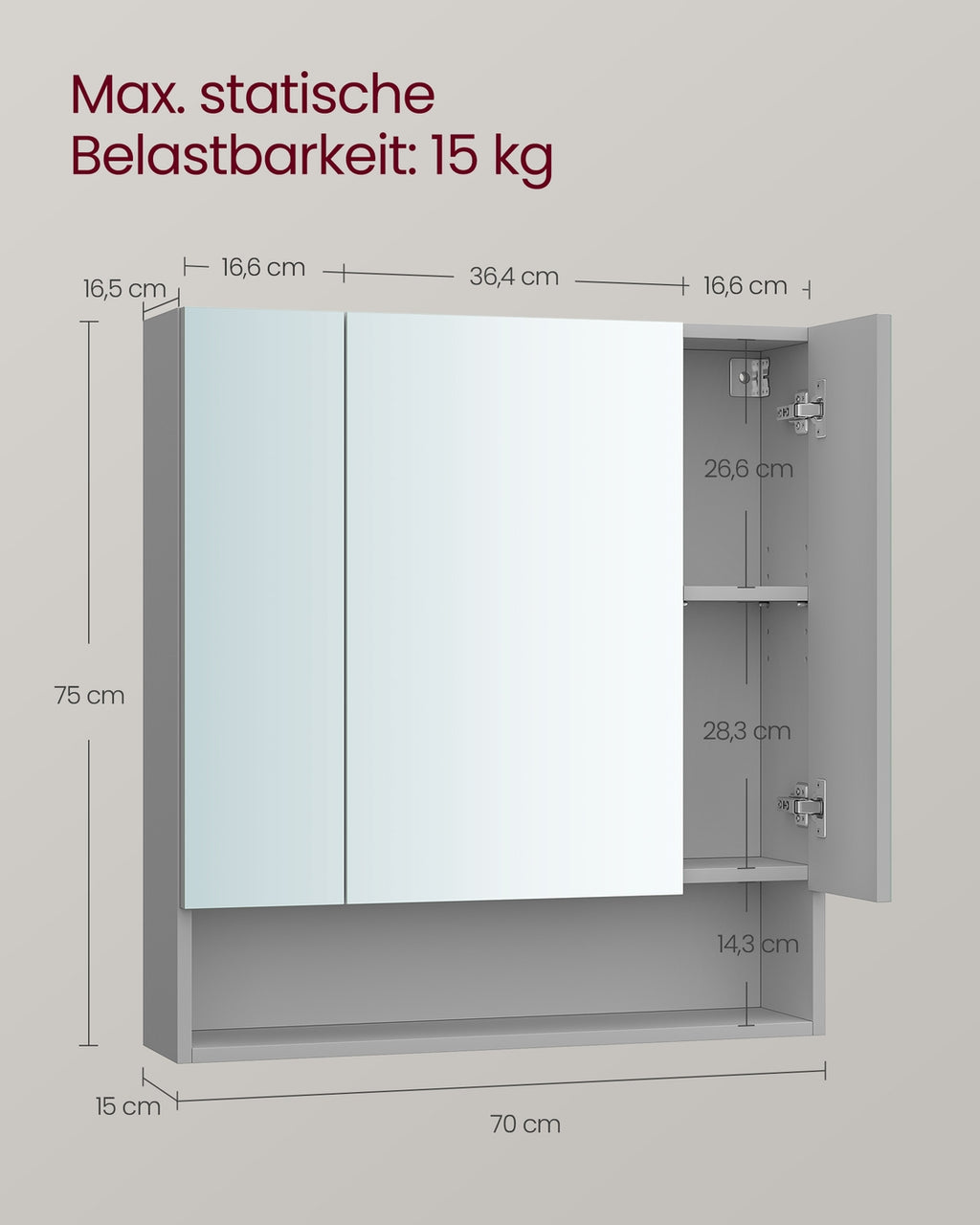 Kailyn Kollektion - Badschrank mit Spiegel und Stauraum 16,5 x 70 x 75 cm taubengrau