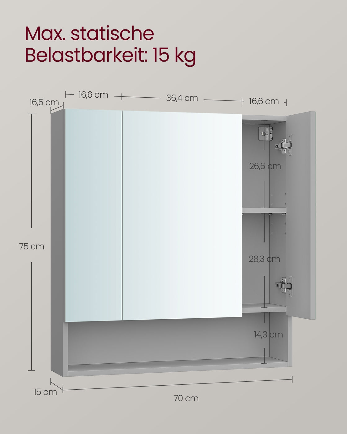 Kailyn Kollektion - Badschrank mit Spiegel und Stauraum 16,5 x 70 x 75 cm taubengrau