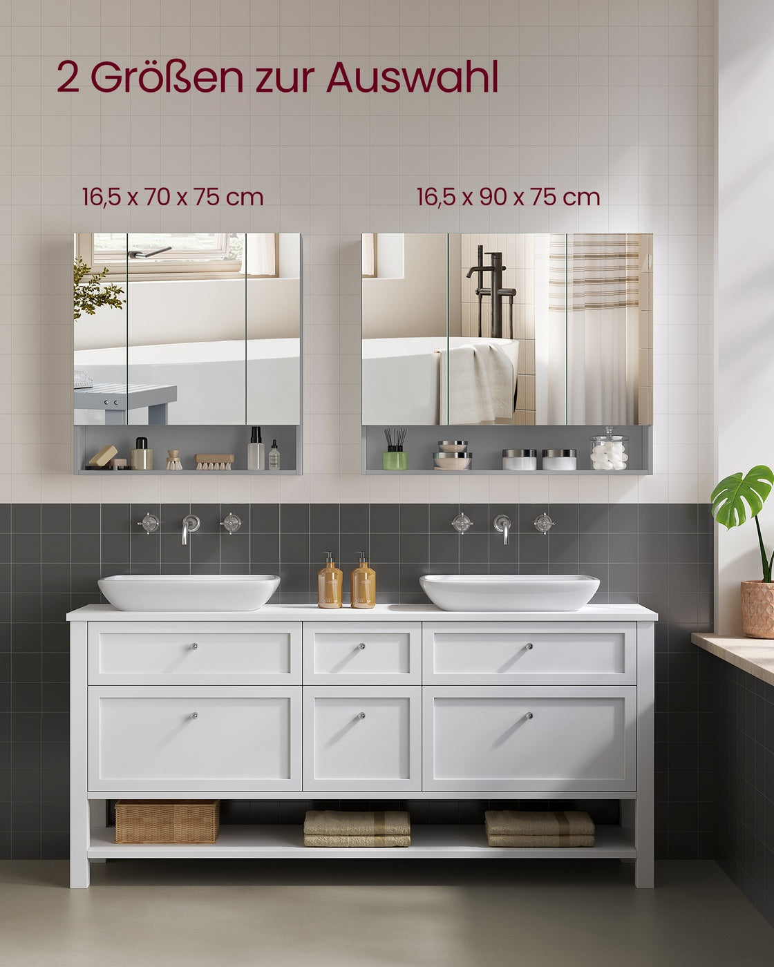 Kailyn Kollektion - Badschrank mit Spiegel und Stauraum 16,5 x 70 x 75 cm taubengrau